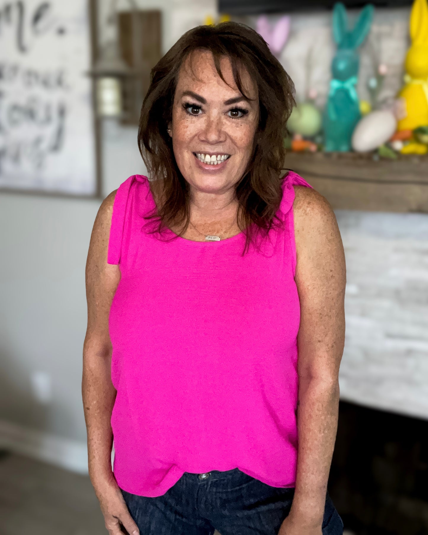 Pink Sleeveless Top with Bow Shoulders - Size Med