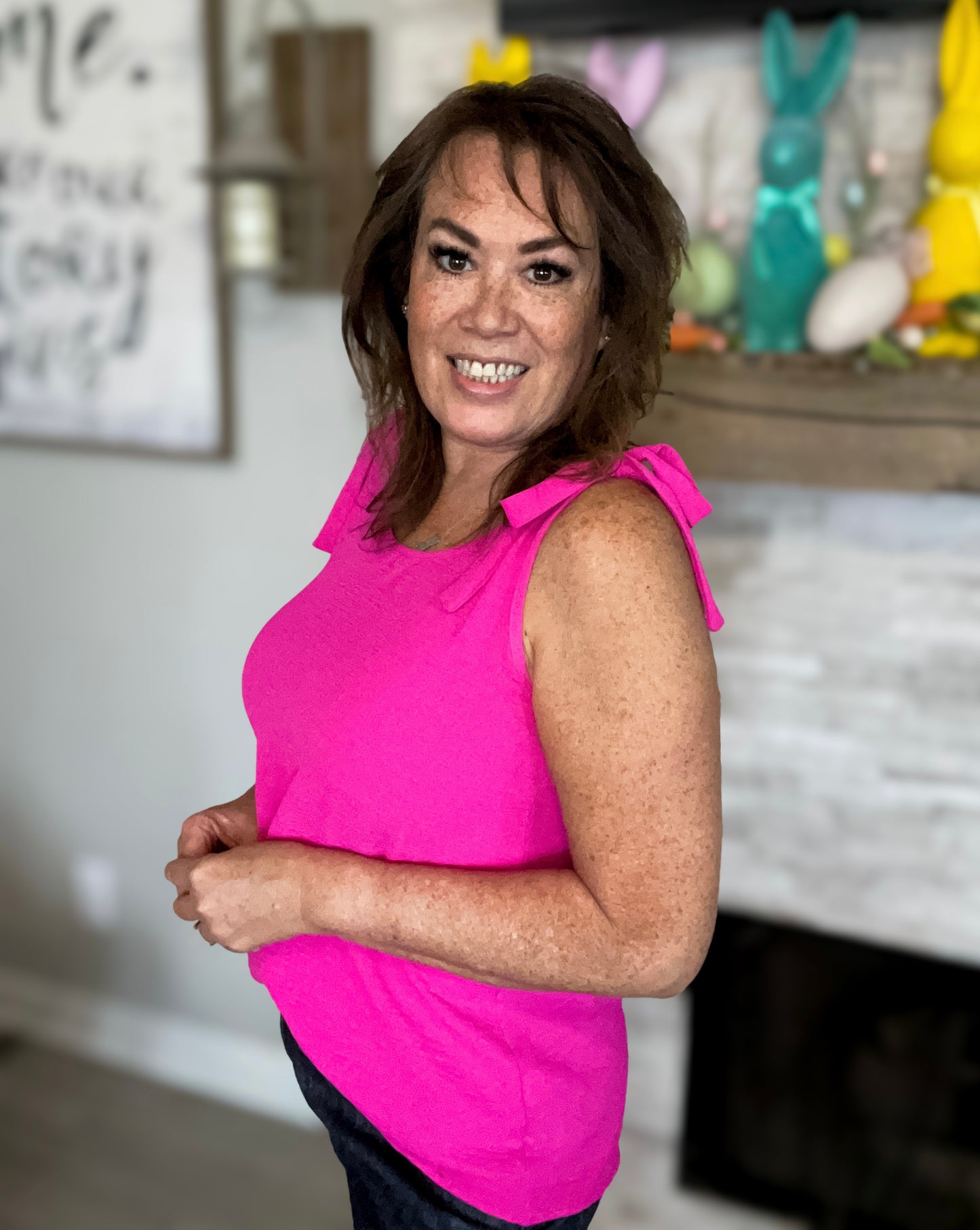 Pink Sleeveless Top with Bow Shoulders - Size Med
