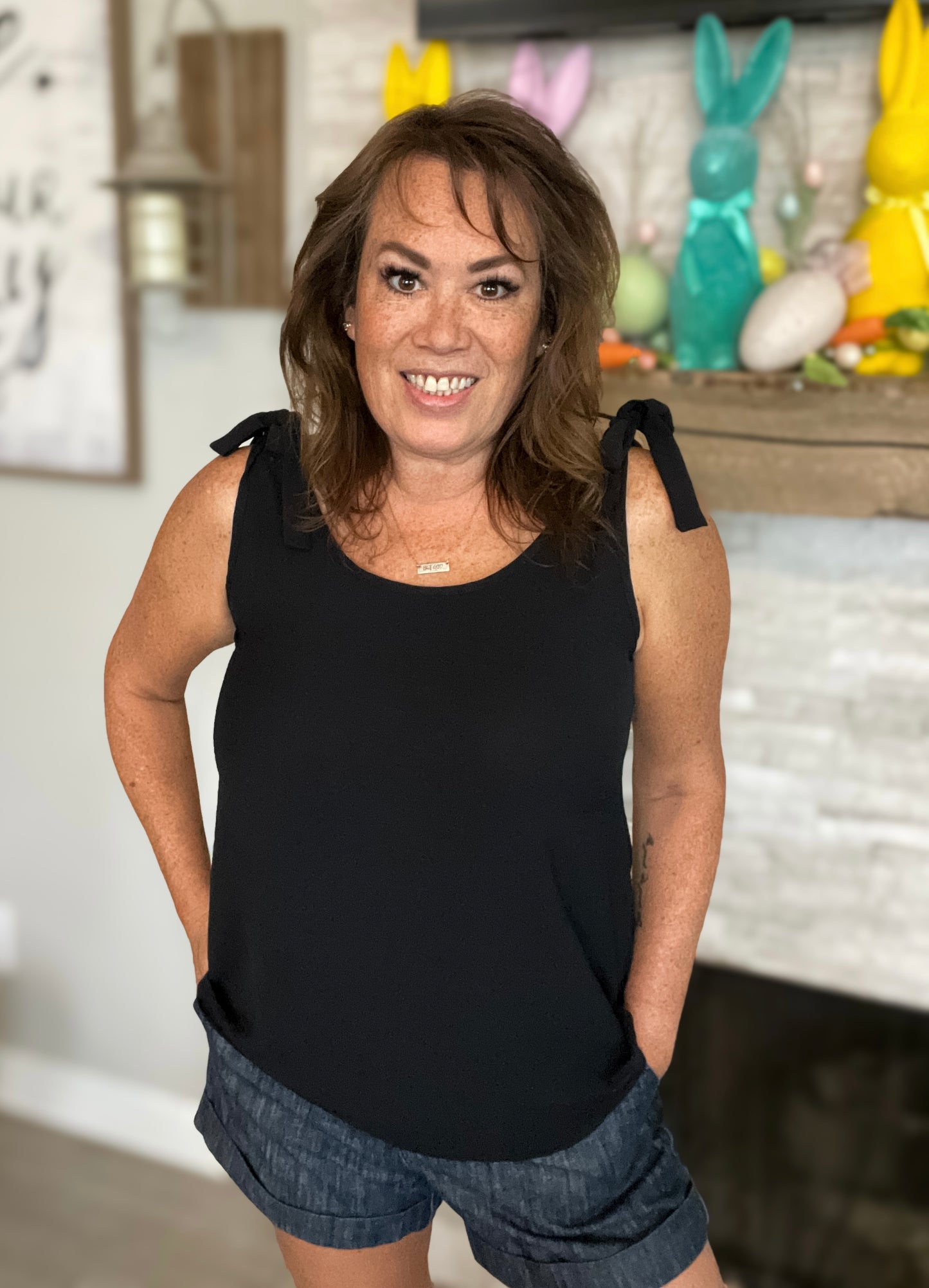Black Sleeveless Top with Bow Shoulders - Size Med