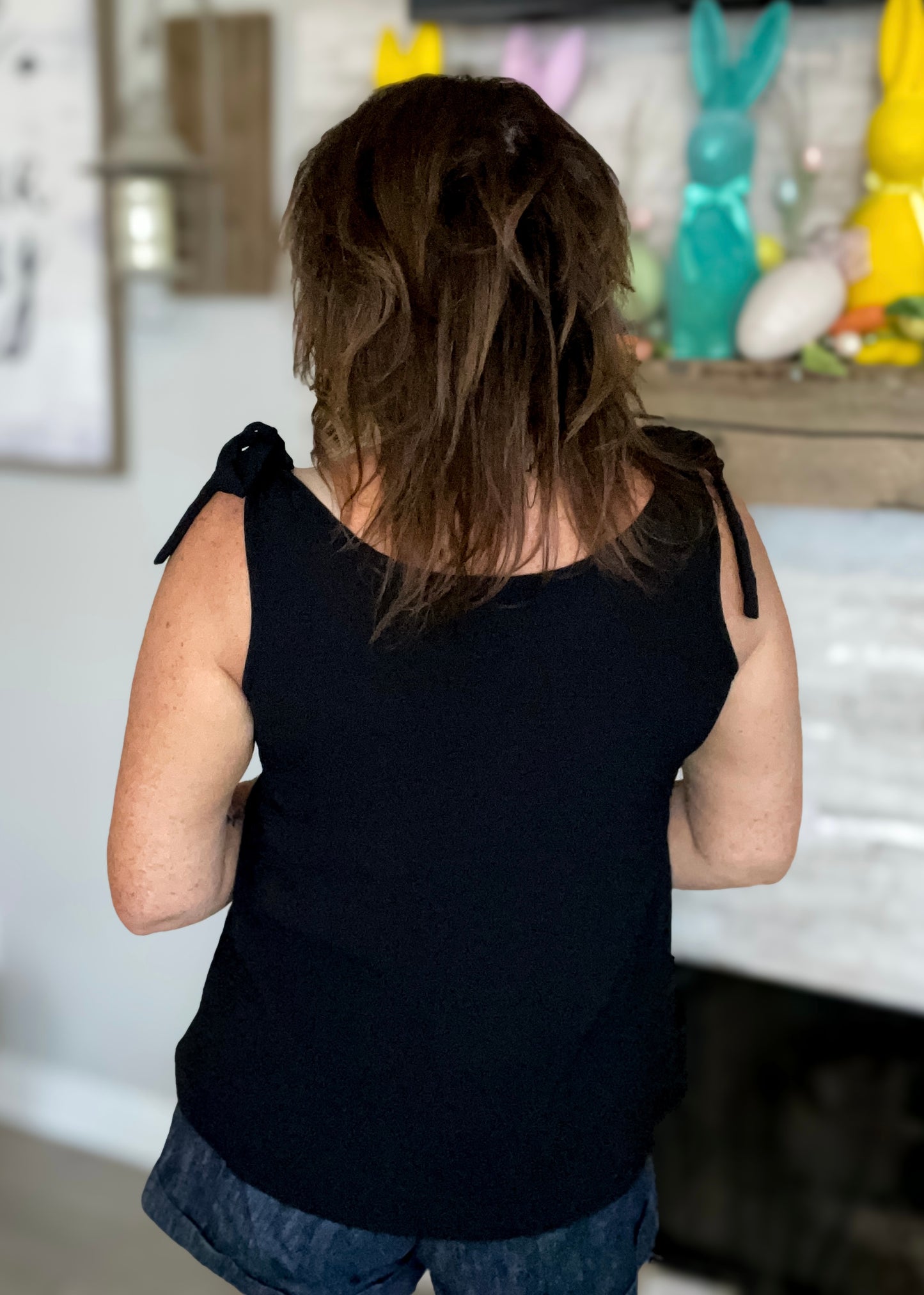 Black Sleeveless Top with Bow Shoulders - Size Med