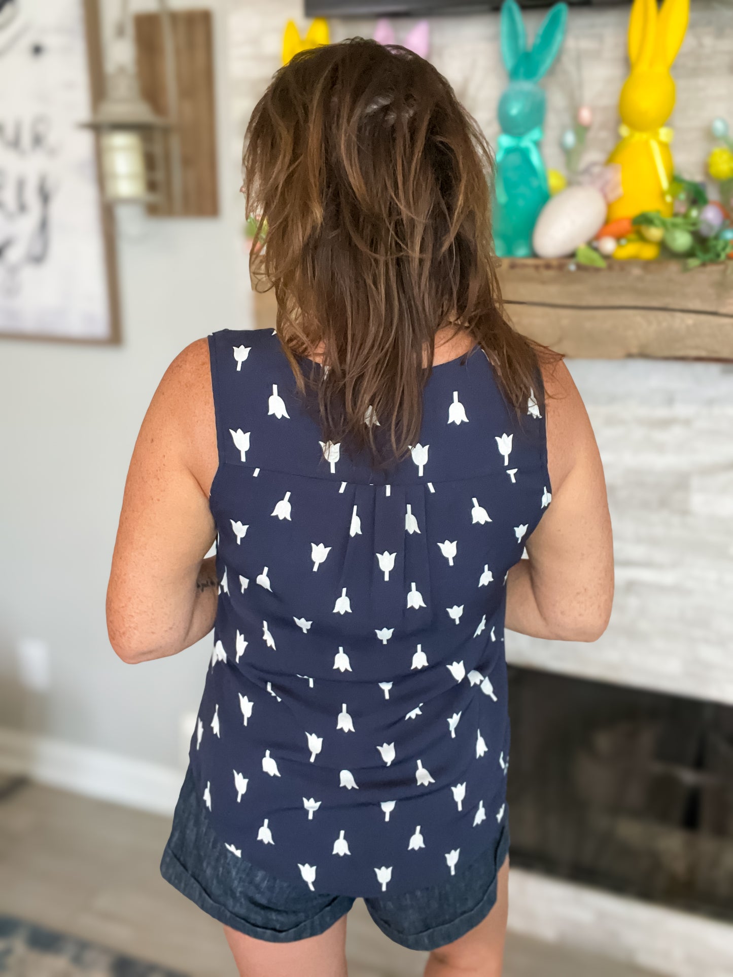 Navy Floral Sleeveless Top - Size Med