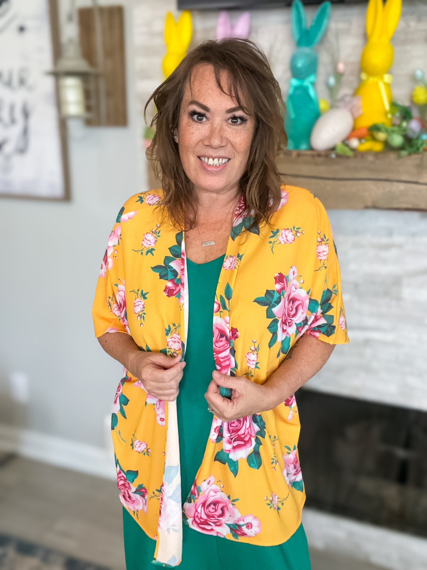 Yellow Floral Print Kimono - Size S/M