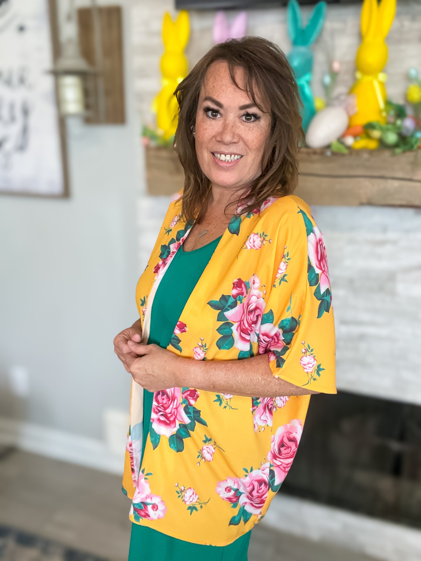 Yellow Floral Print Kimono - Size S/M