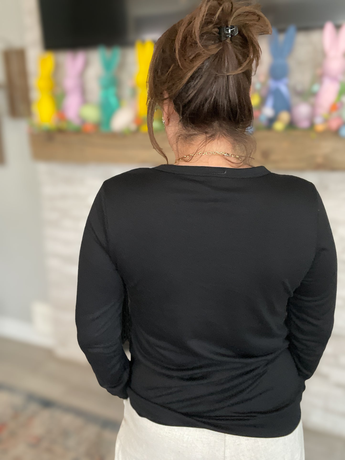 Black Long Sleeve Sequin Pocket Tee - Size Large