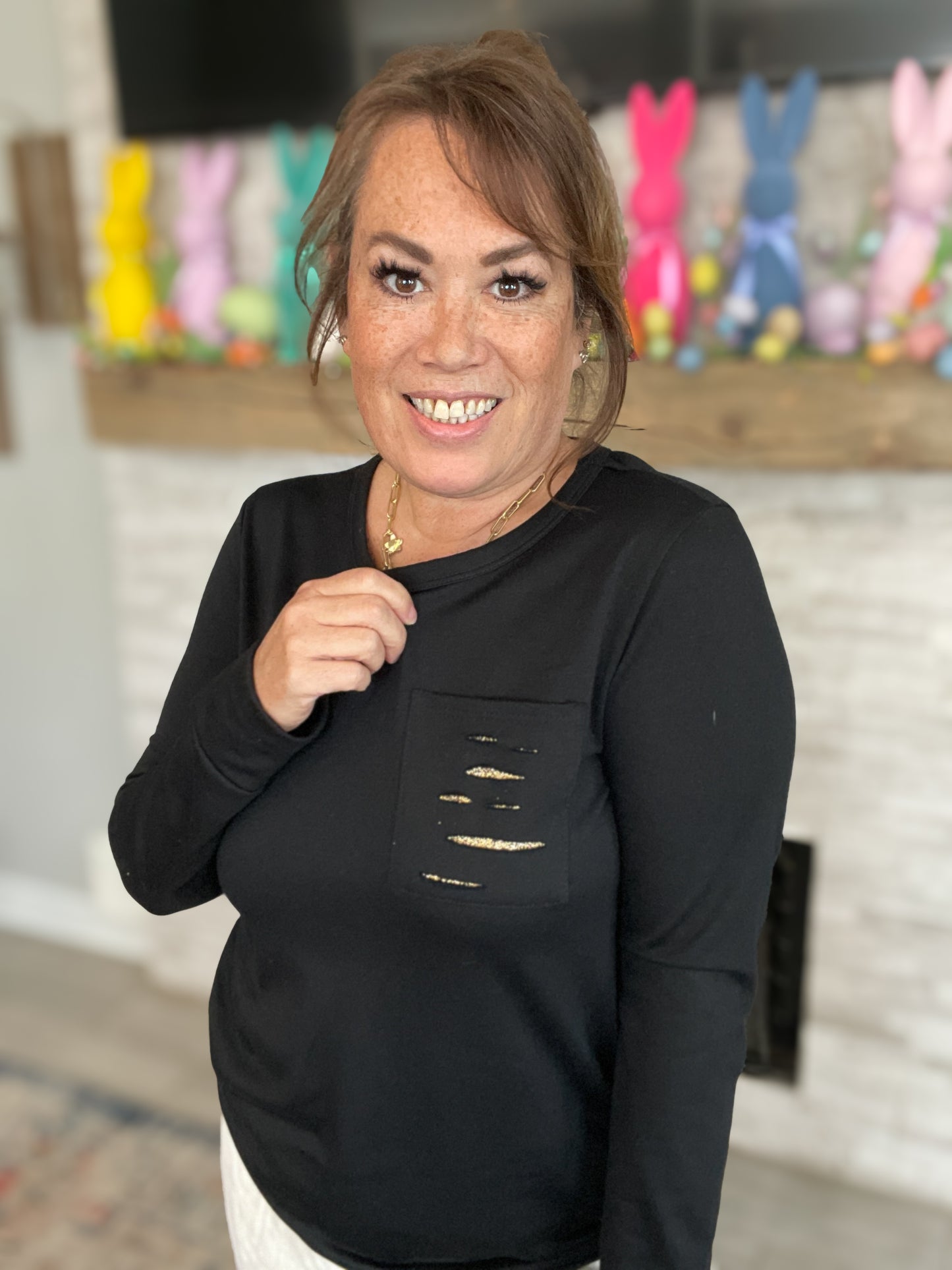 Black Long Sleeve Sequin Pocket Tee - Size Large