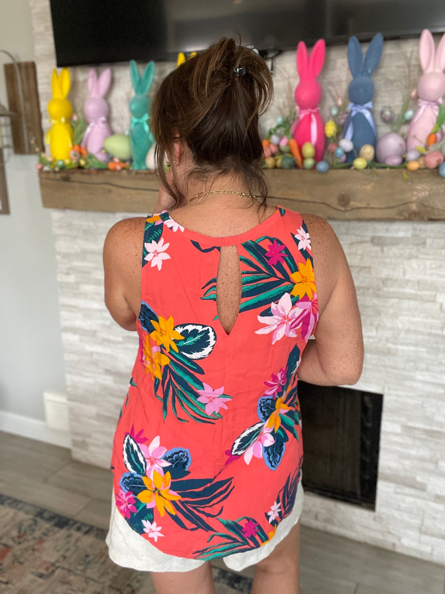 Coral Tropical Print Sleeveless Top - Size Large