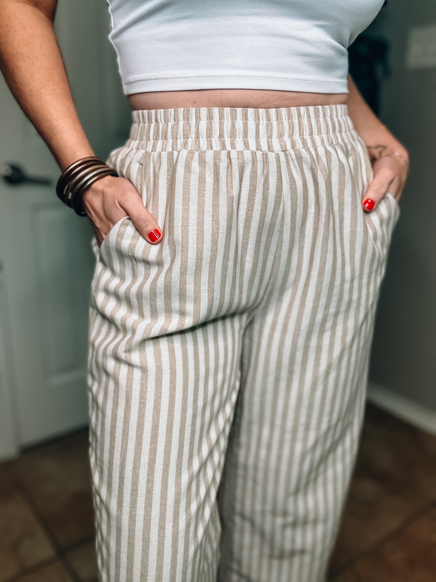 Khaki and White Striped Trousers - Size Small