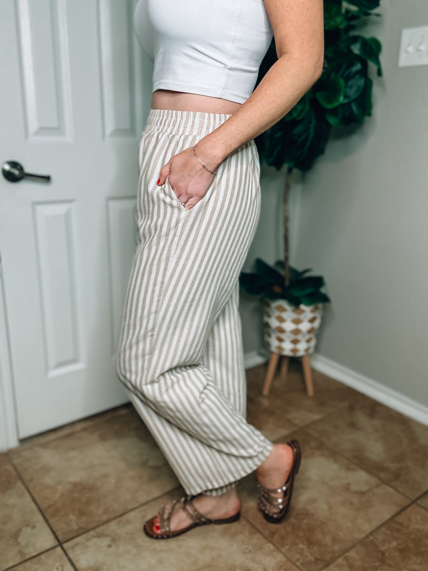 Khaki and White Striped Trousers - Size Small