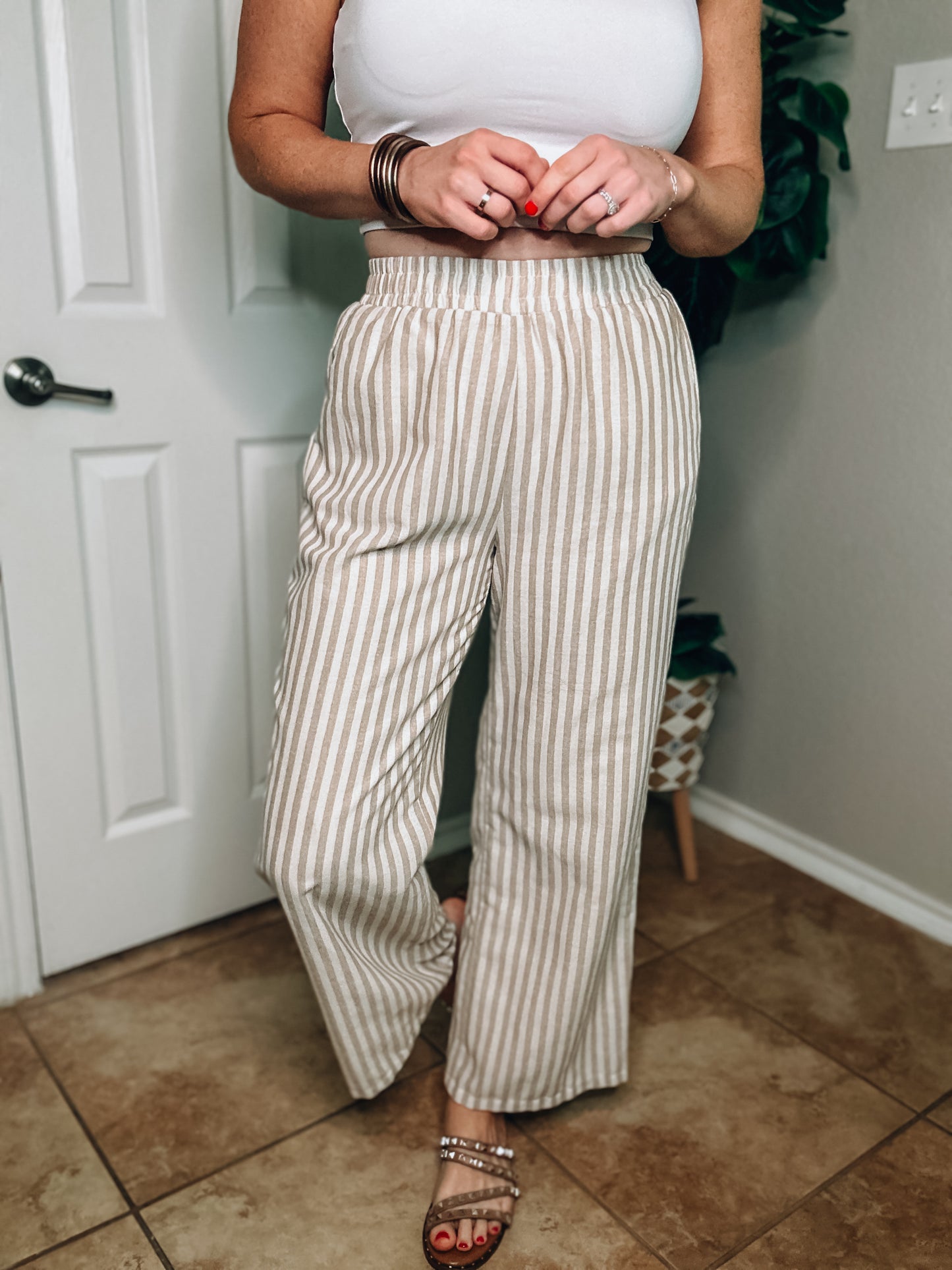 Khaki and White Striped Trousers - Size Small