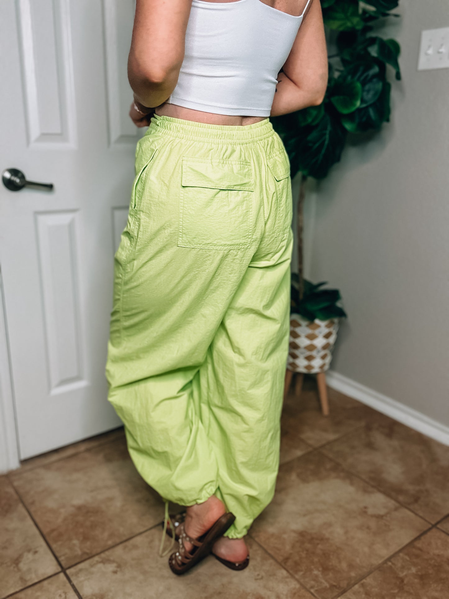 High Waisted Parachute Pants in Lime - Size Small