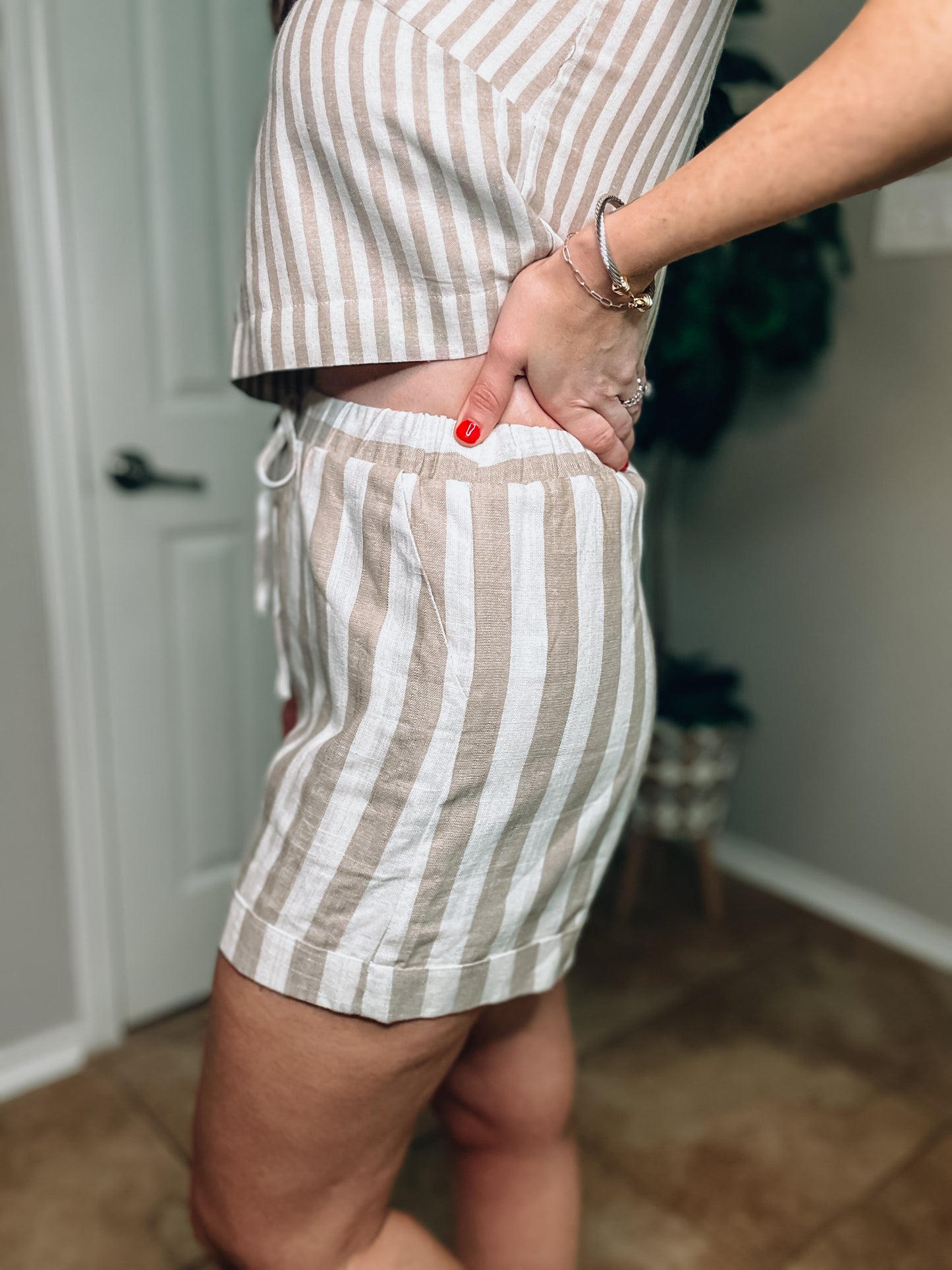 Khaki and White Striped Shorts - Size Med