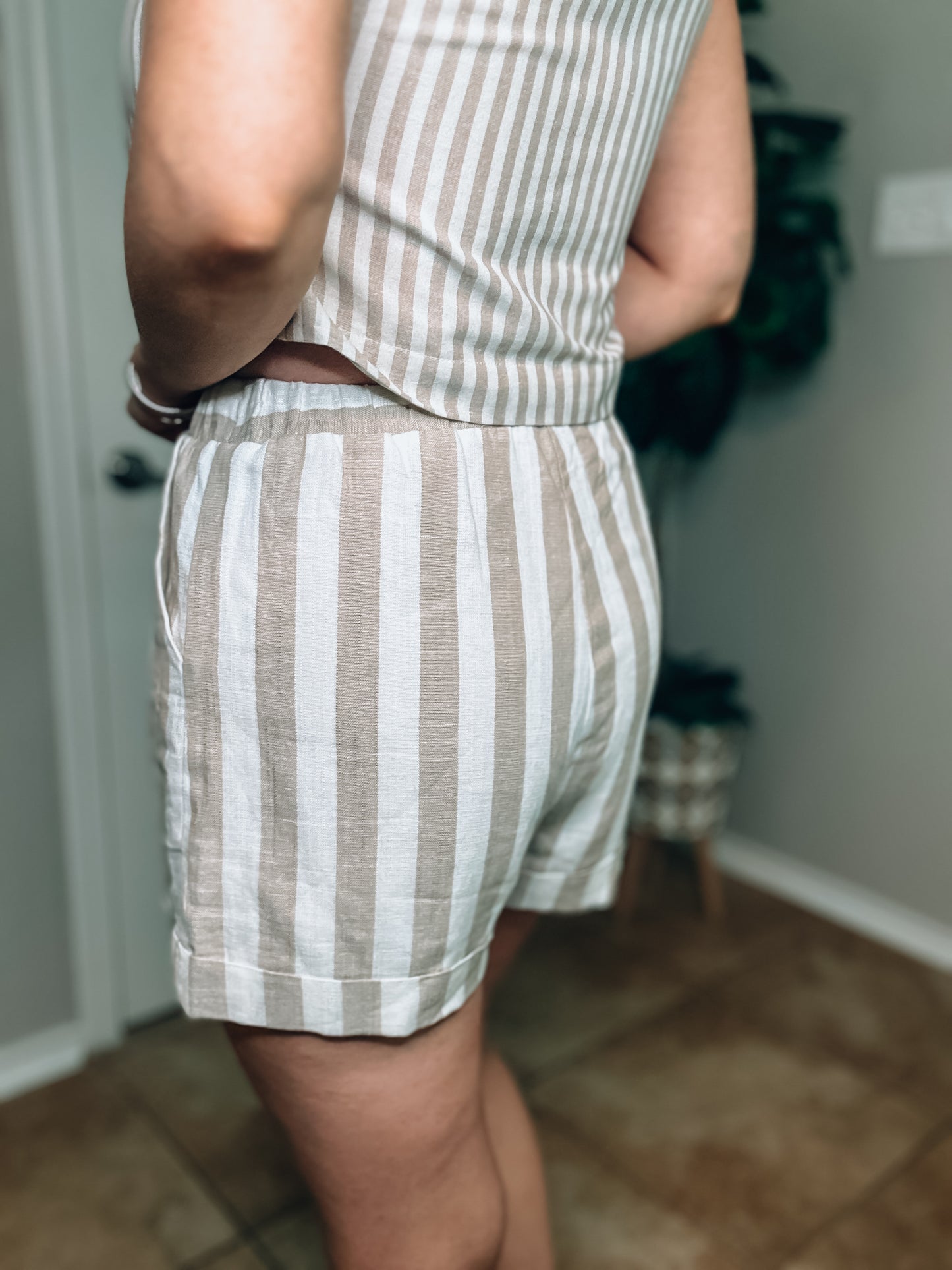 Khaki and White Striped Shorts - Size Med