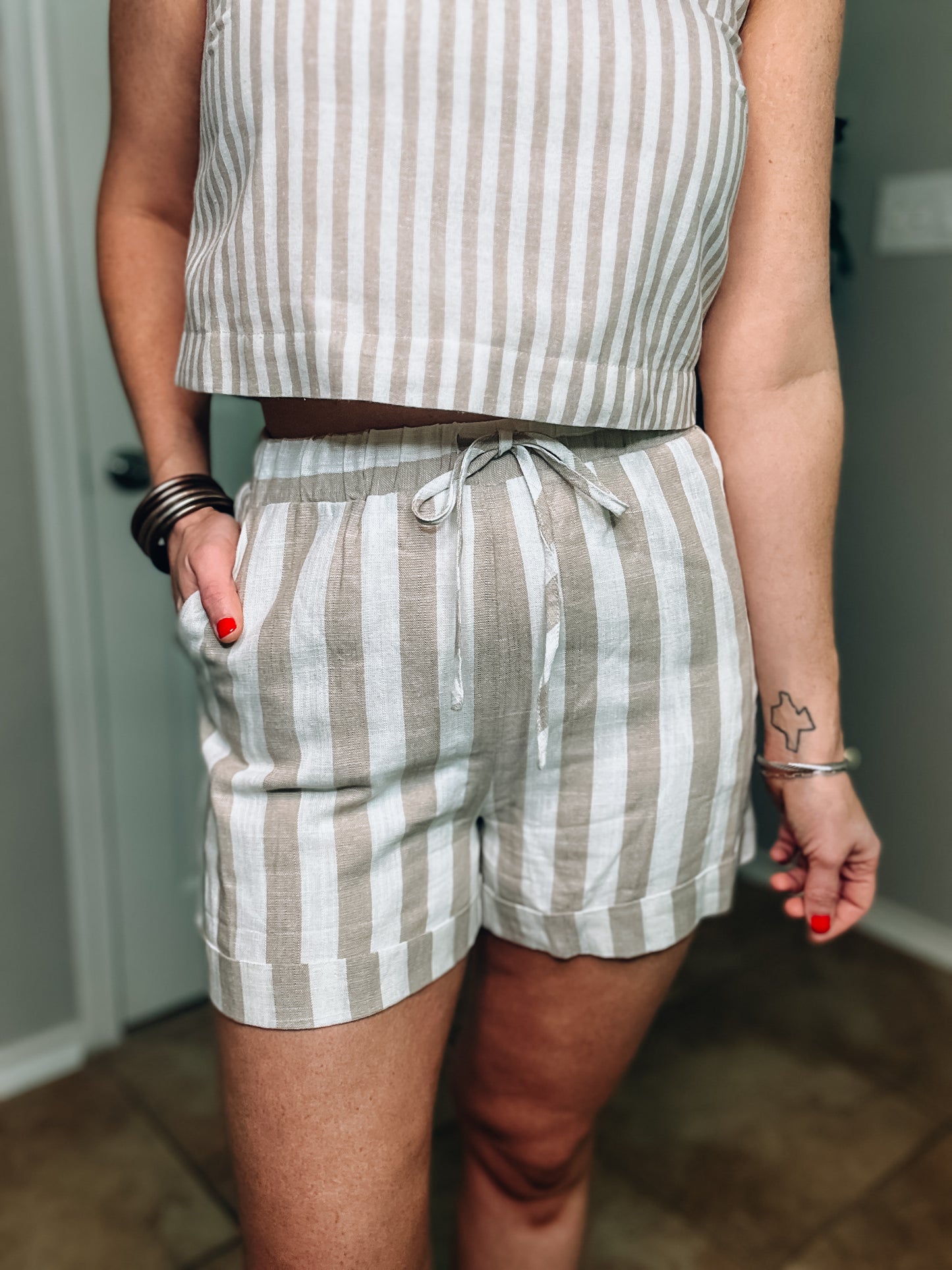 Khaki and White Striped Shorts - Size Med