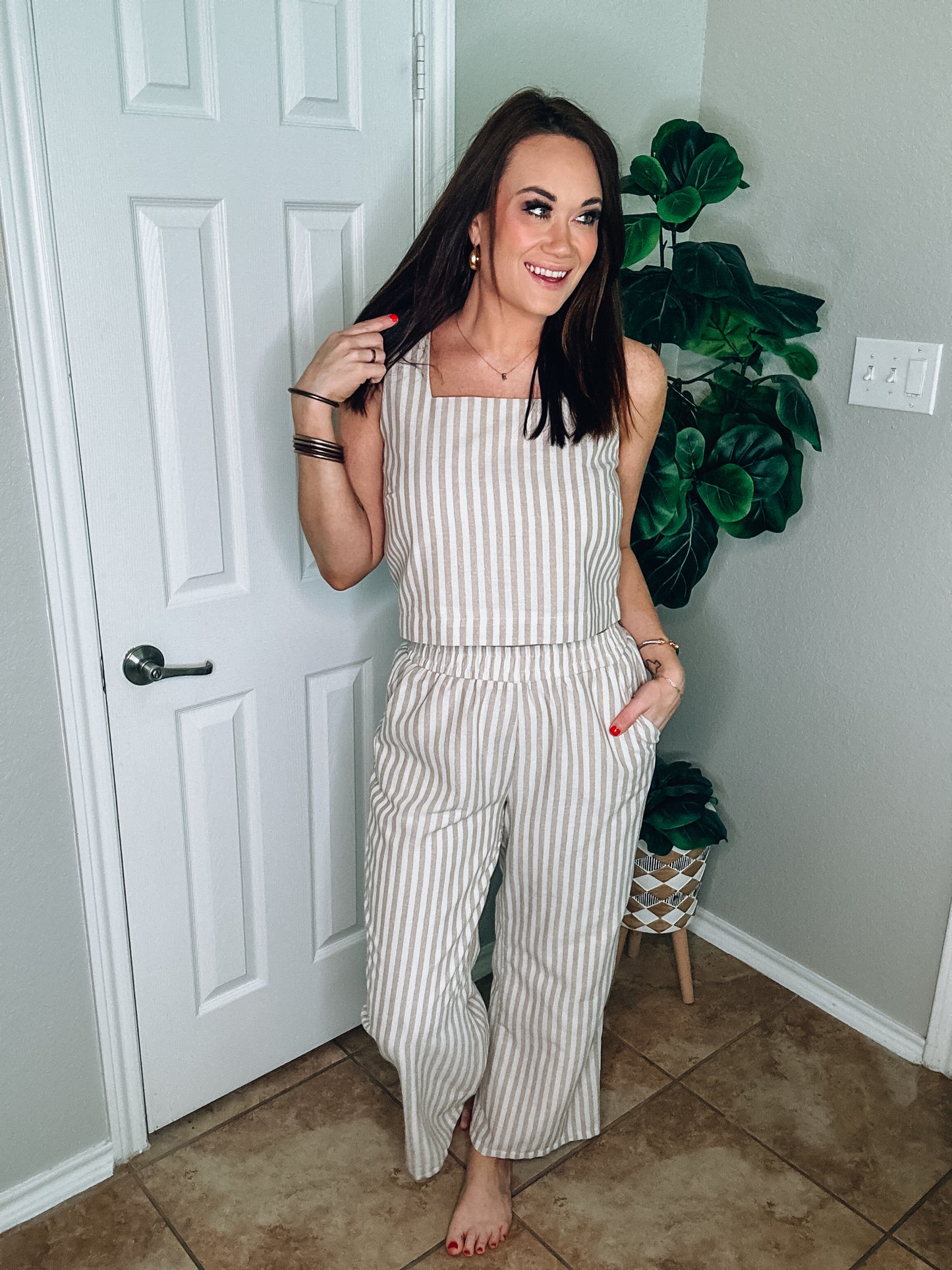 Khaki and White Striped Sleeveless Top - Size Small