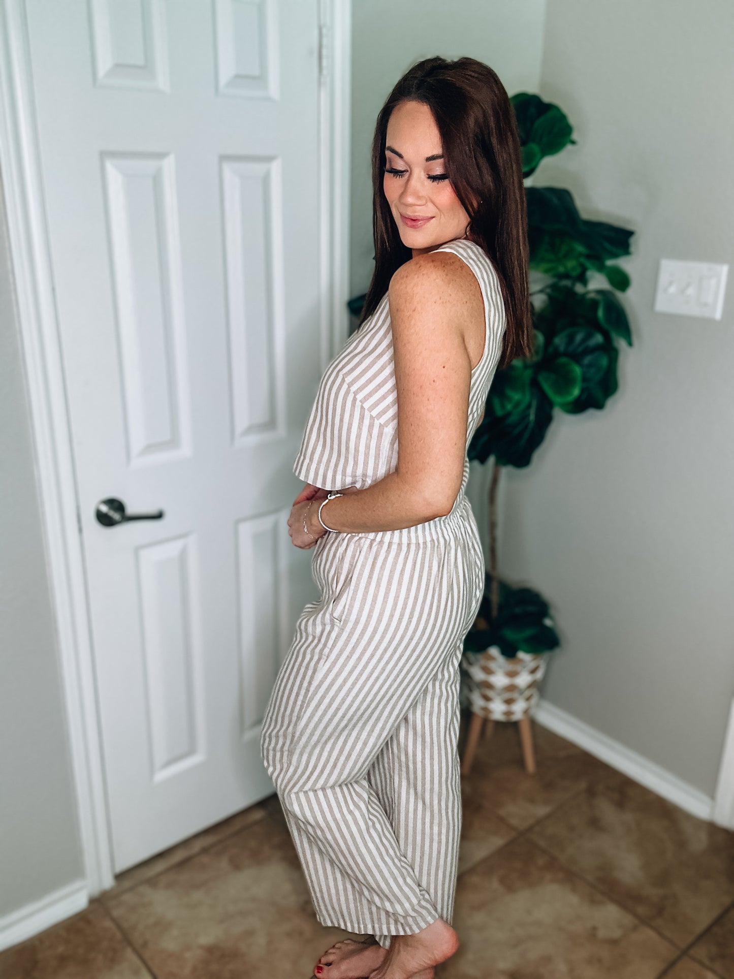 Khaki and White Striped Sleeveless Top - Size Small
