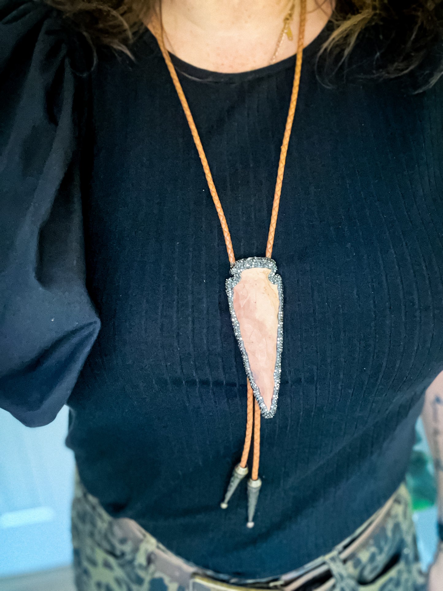 Custom Handmade Leather Bolo Necklace with Druzy-Trimmed Arrowhead