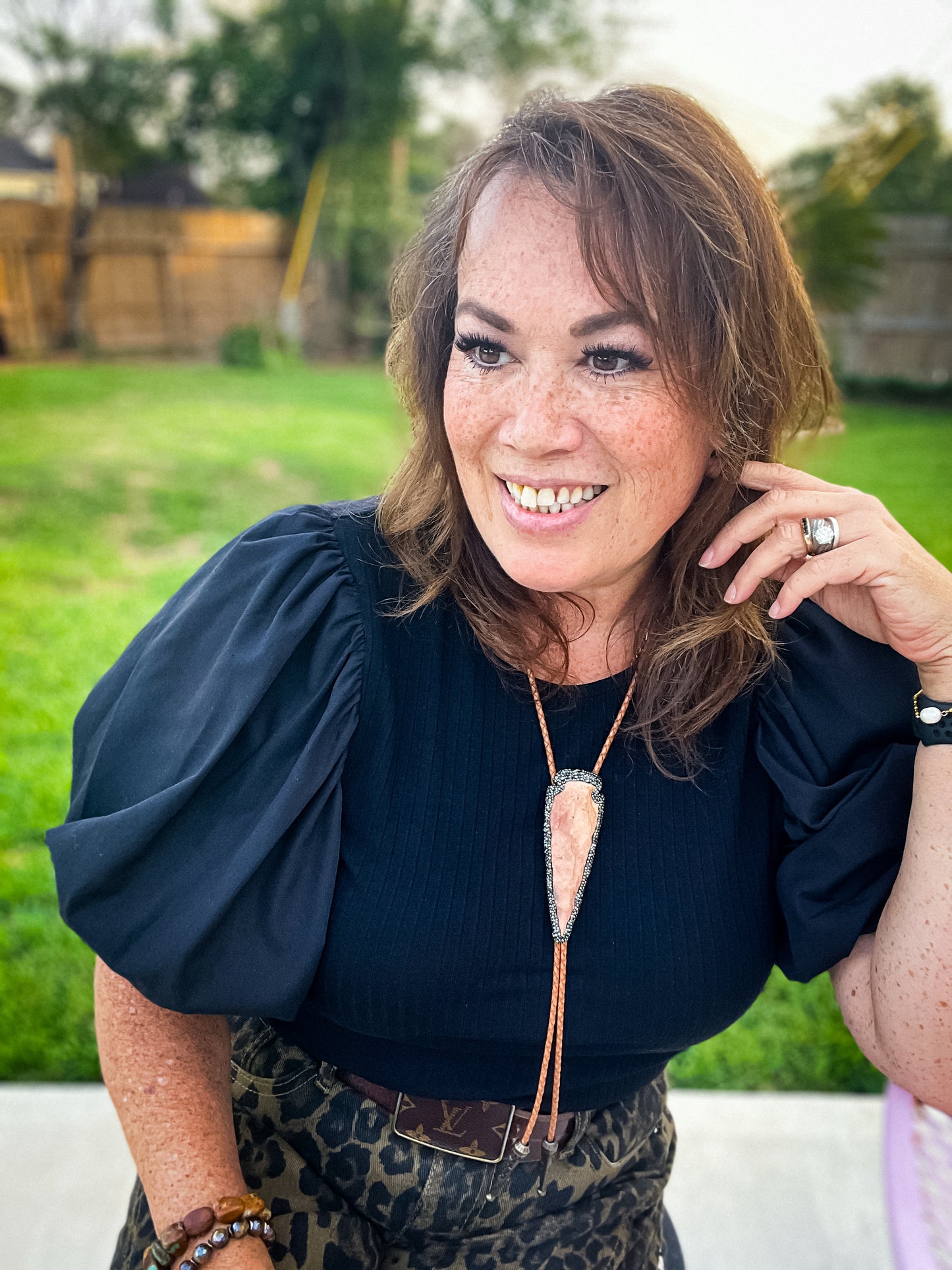 Custom Handmade Leather Bolo Necklace with Druzy-Trimmed Arrowhead