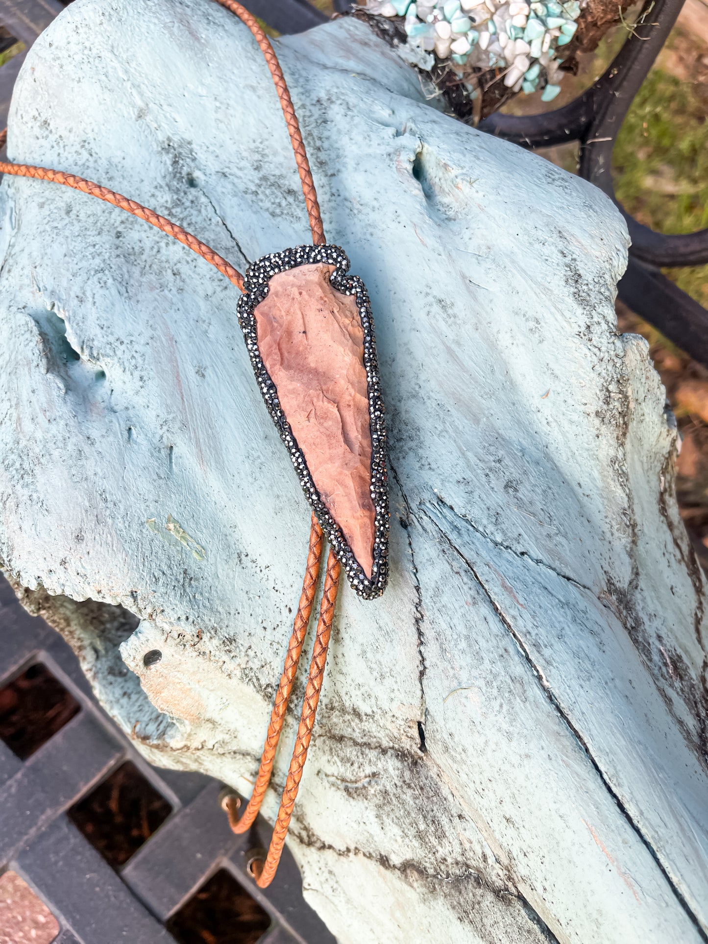 Custom Handmade Leather Bolo Necklace with Druzy-Trimmed Arrowhead