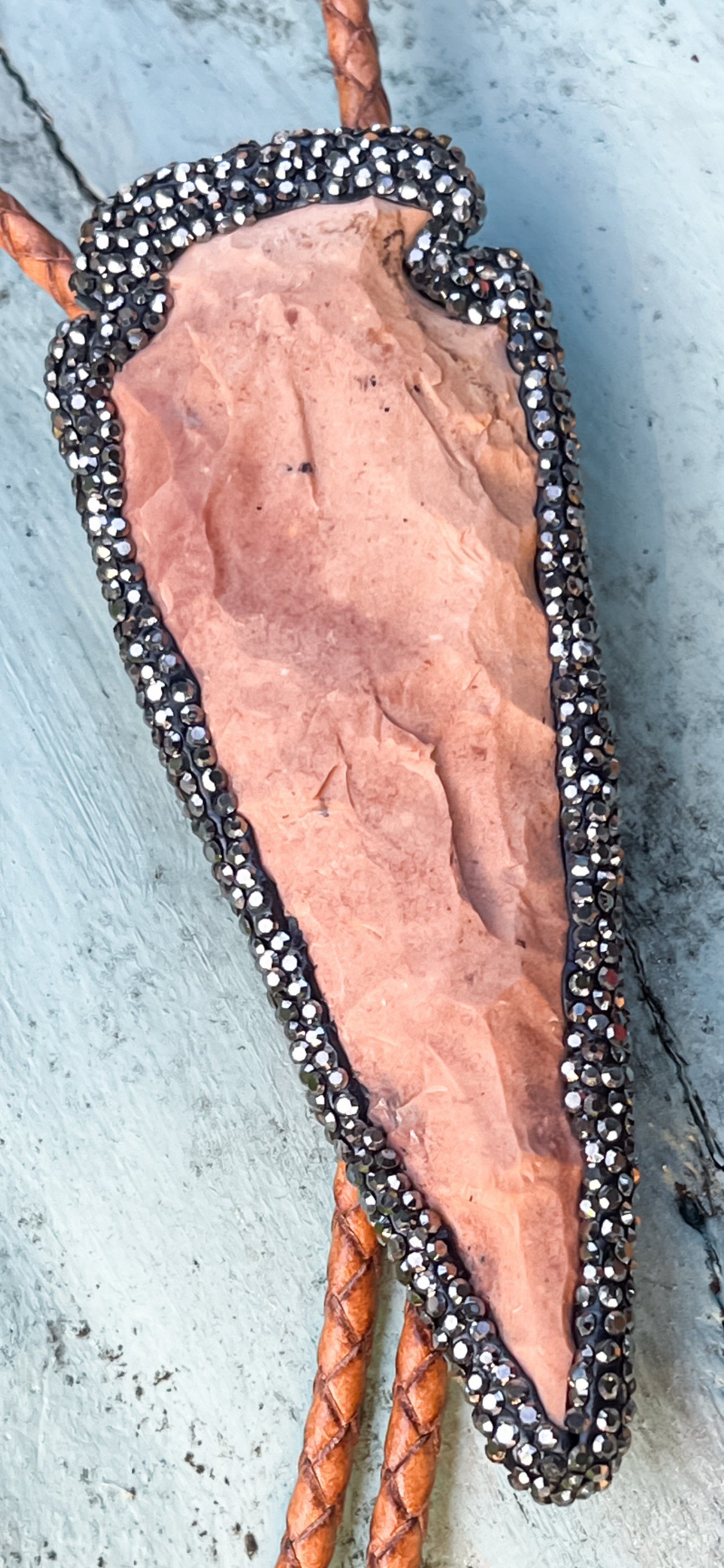 Custom Handmade Leather Bolo Necklace with Druzy-Trimmed Arrowhead