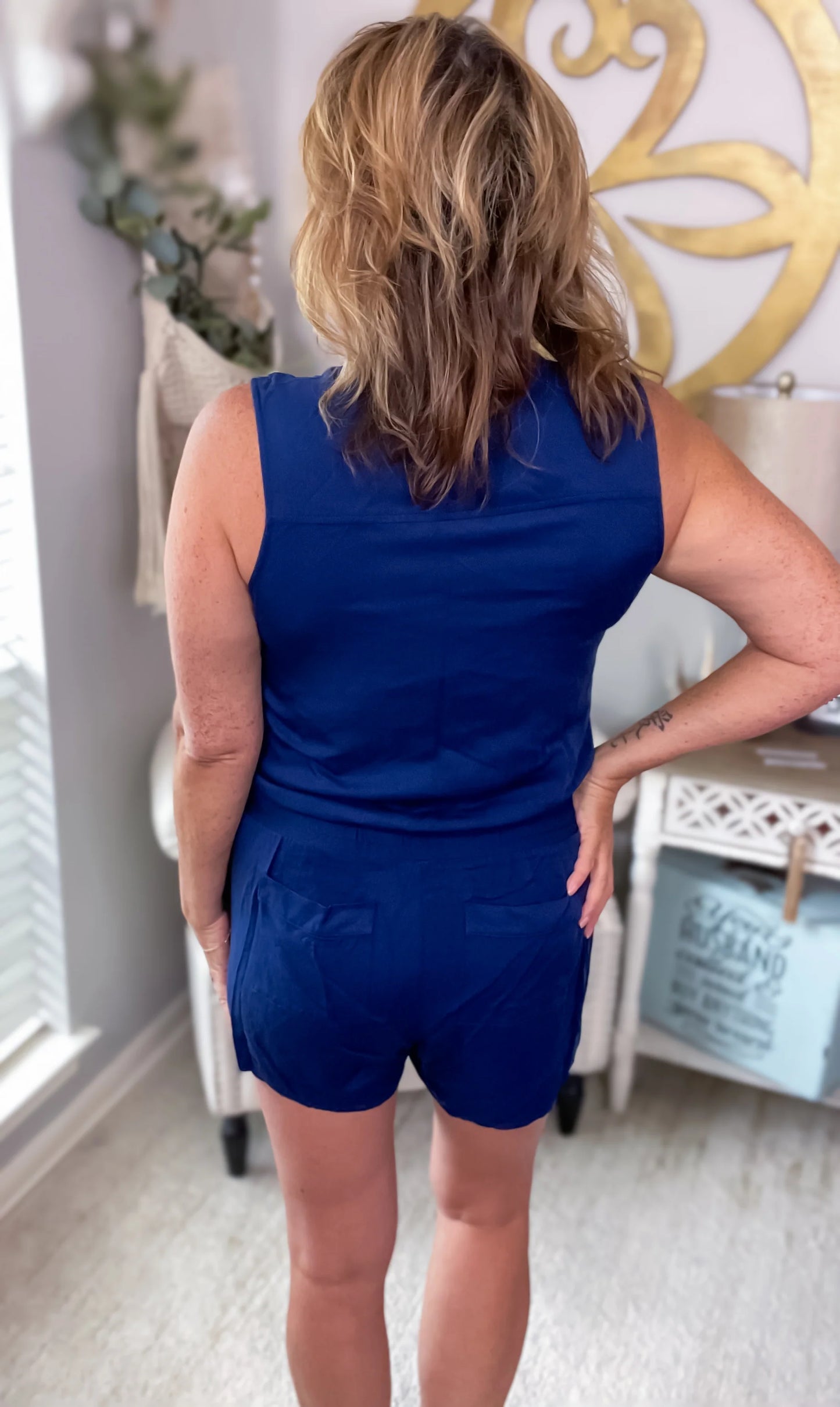 Navy Button Front Shorts Romper - Size Lg