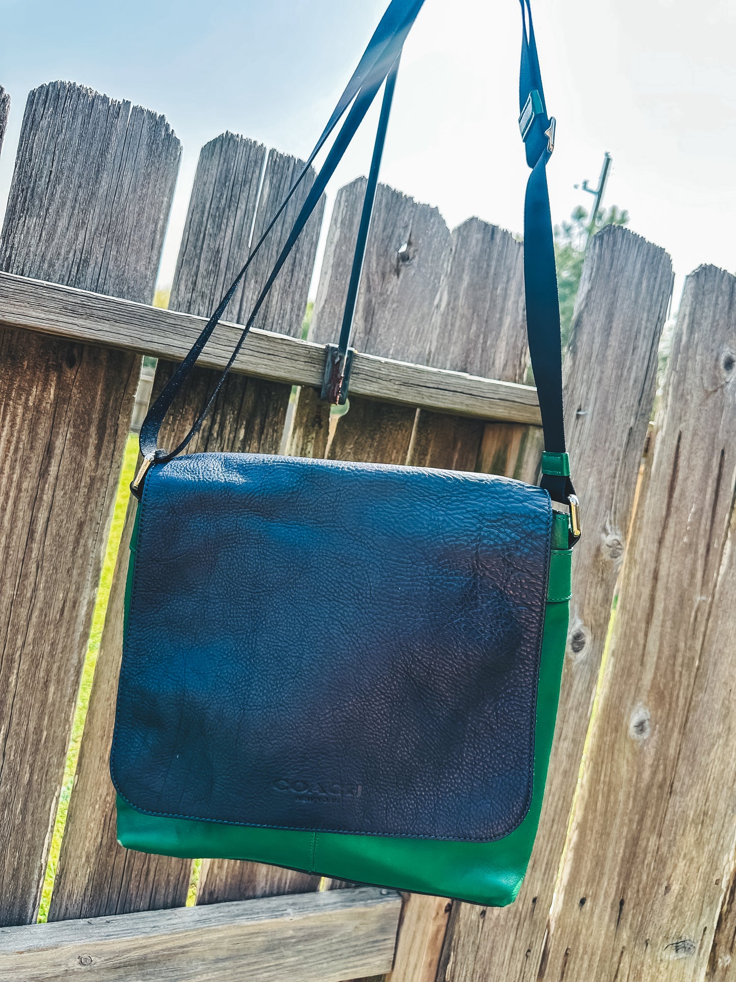 Vintage Coach Black And Green Leather Messenger Crossbody Shoulder Bag