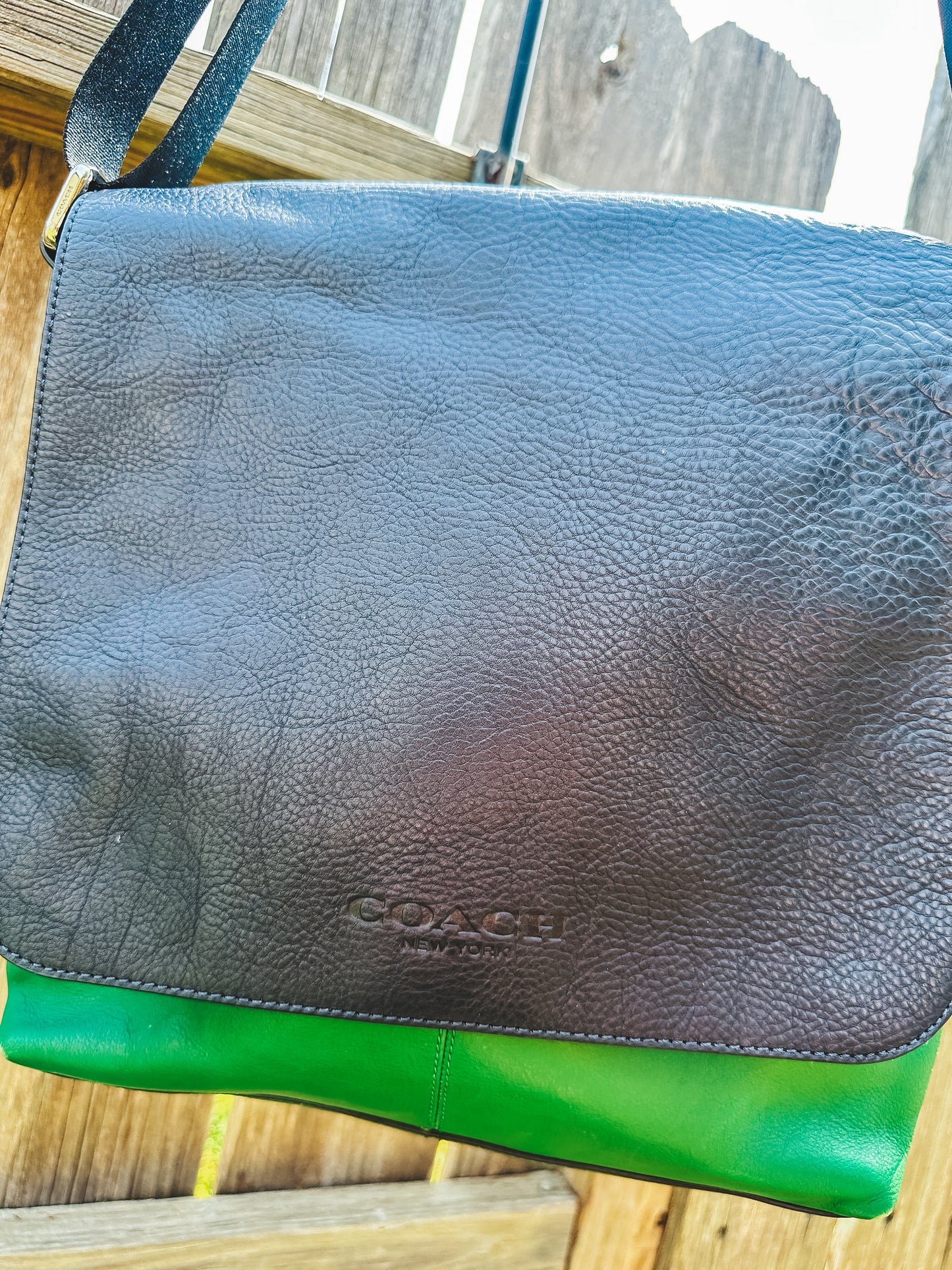Vintage Coach Black And Green Leather Messenger Crossbody Shoulder Bag