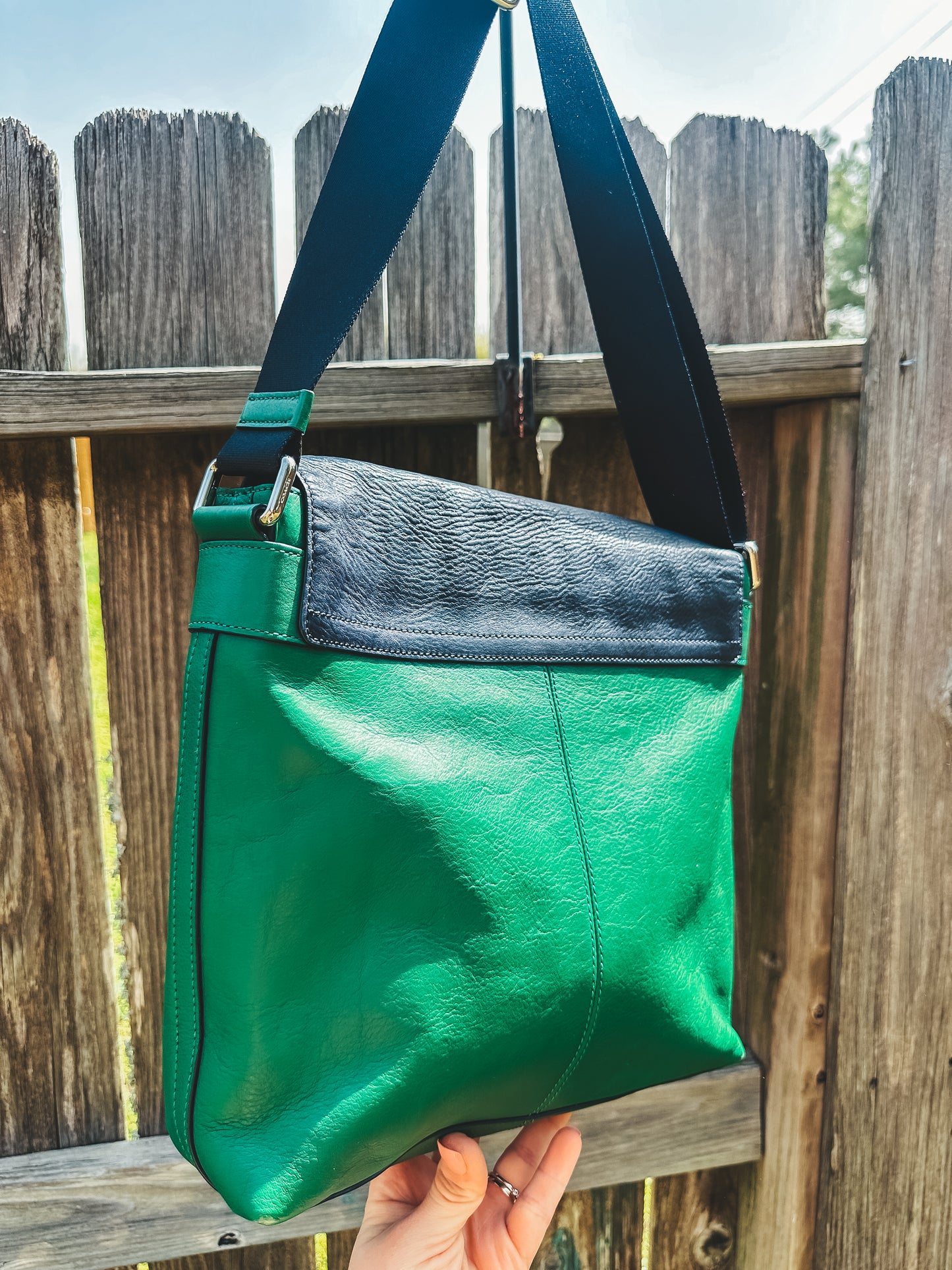 Vintage Coach Black And Green Leather Messenger Crossbody Shoulder Bag