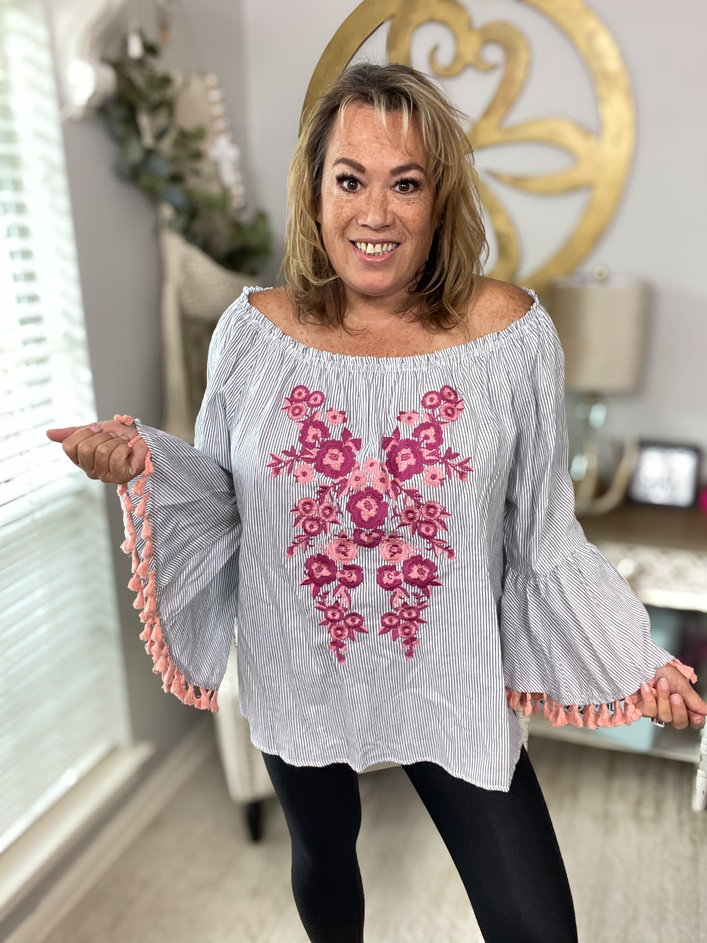 Grey & White Stripe Embroidered Blouse - Size 2X