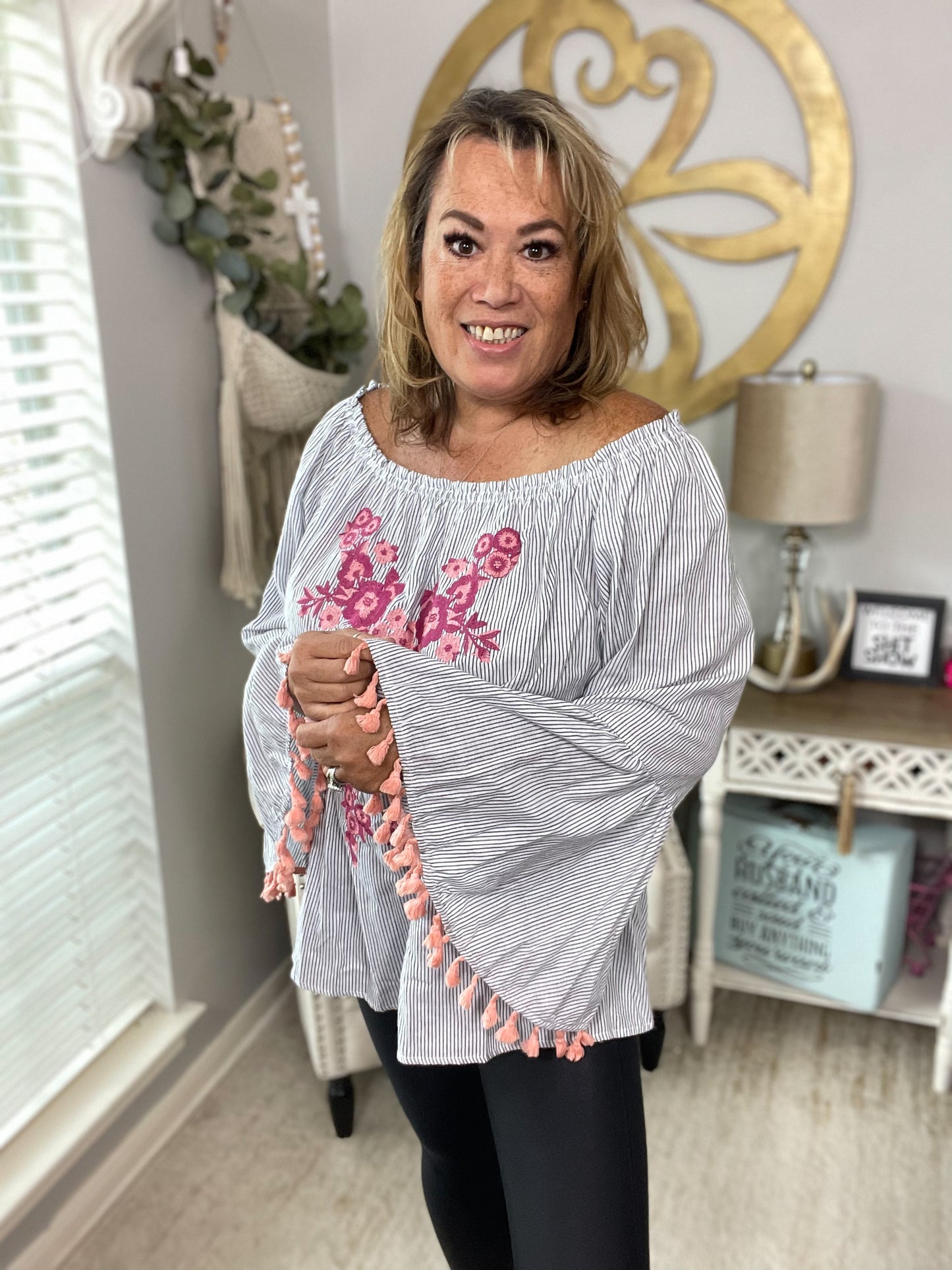 Grey & White Stripe Embroidered Blouse - Size 2X