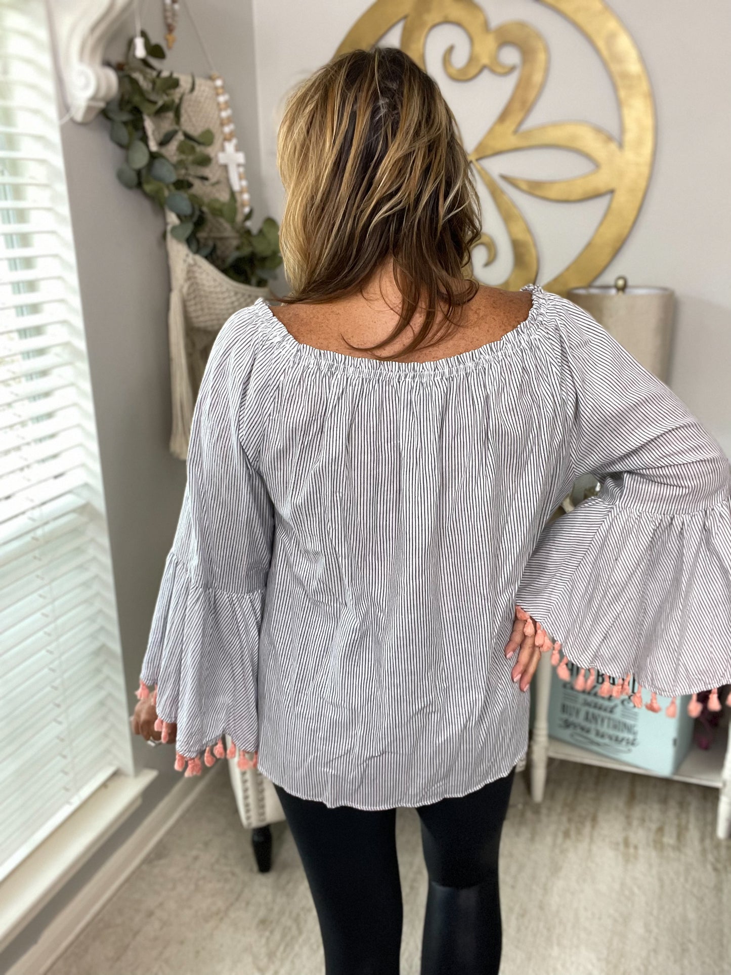 Grey & White Stripe Embroidered Blouse - Size 2X