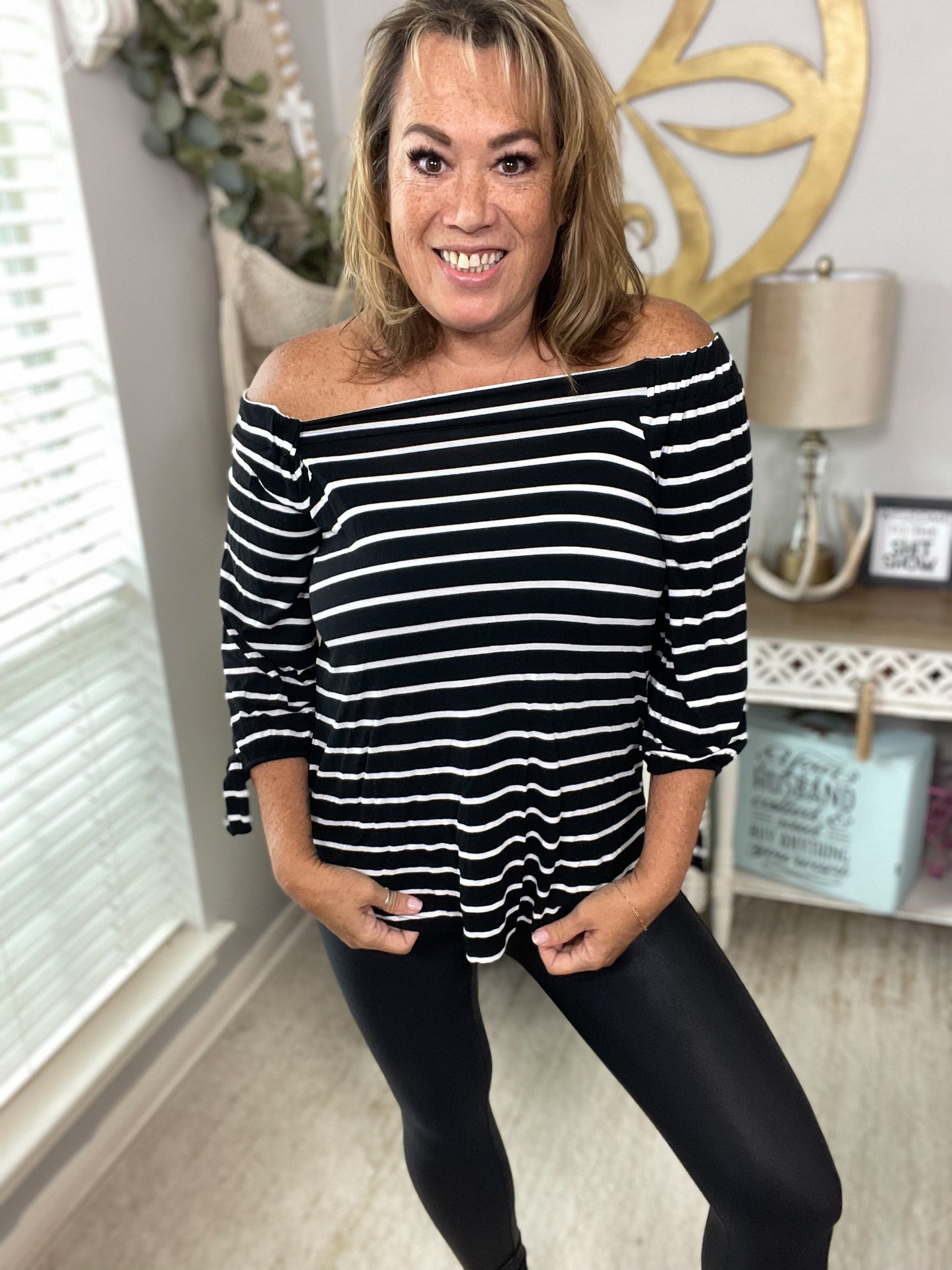 Striped Off Shoulder Tunic Top - Size Large