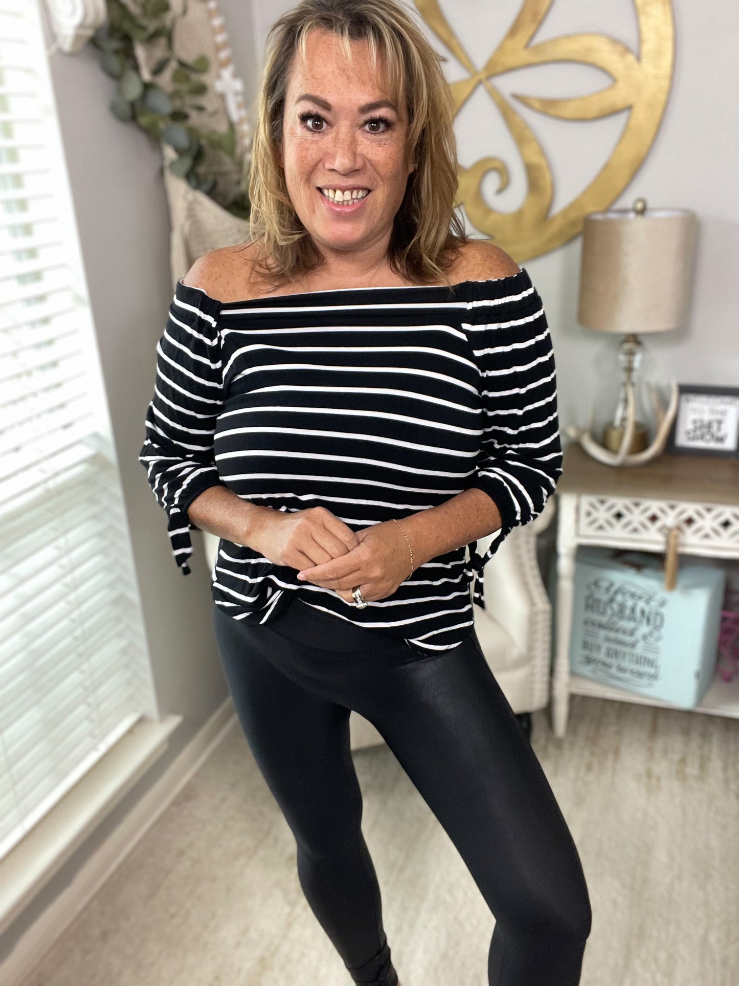 Striped Off Shoulder Tunic Top - Size Large