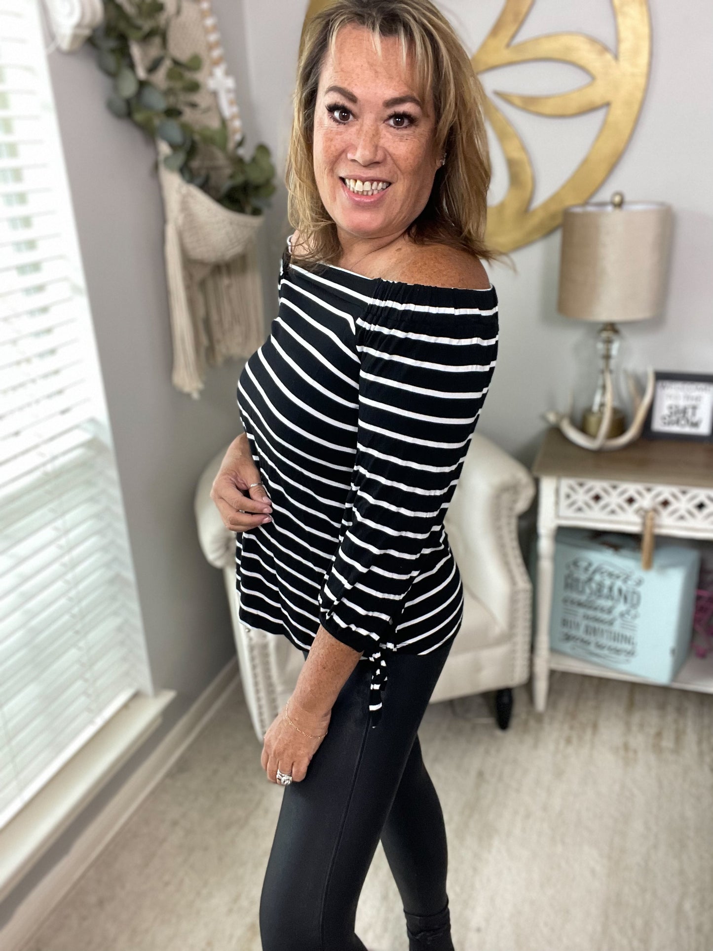 Striped Off Shoulder Tunic Top - Size Large