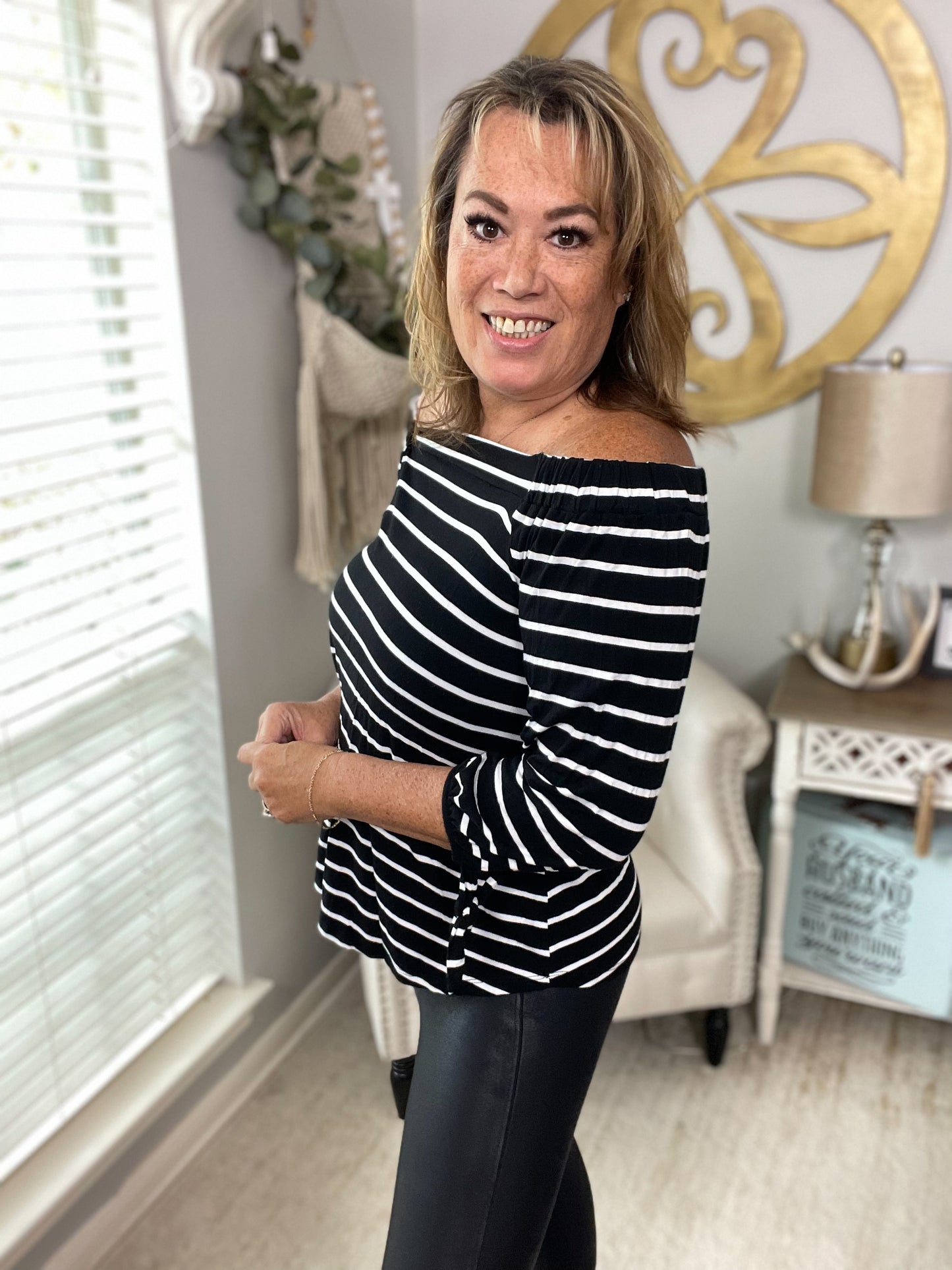 Striped Off Shoulder Tunic Top - Size Large