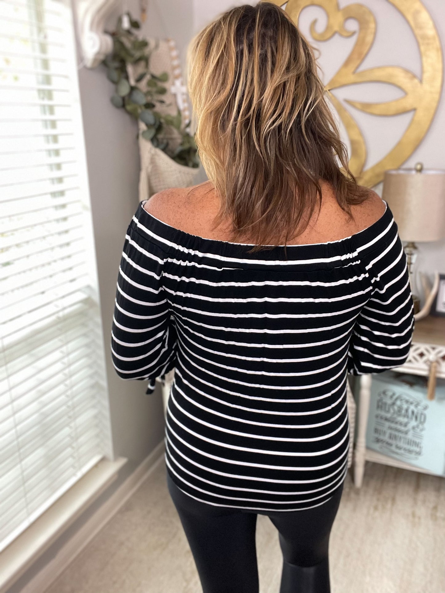 Striped Off Shoulder Tunic Top - Size Large