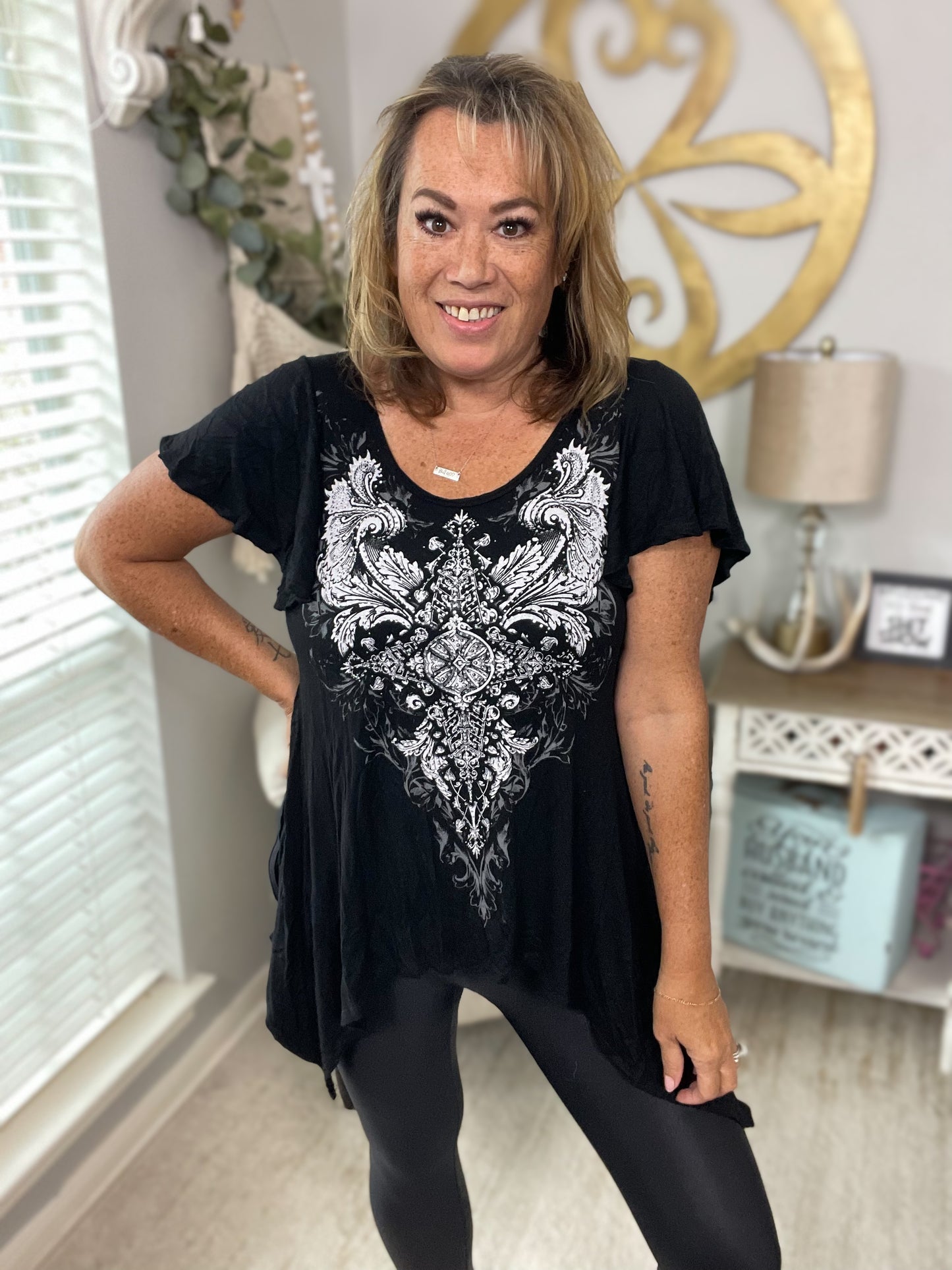 Black Rhinestone Front Top by Vocal - Size XL