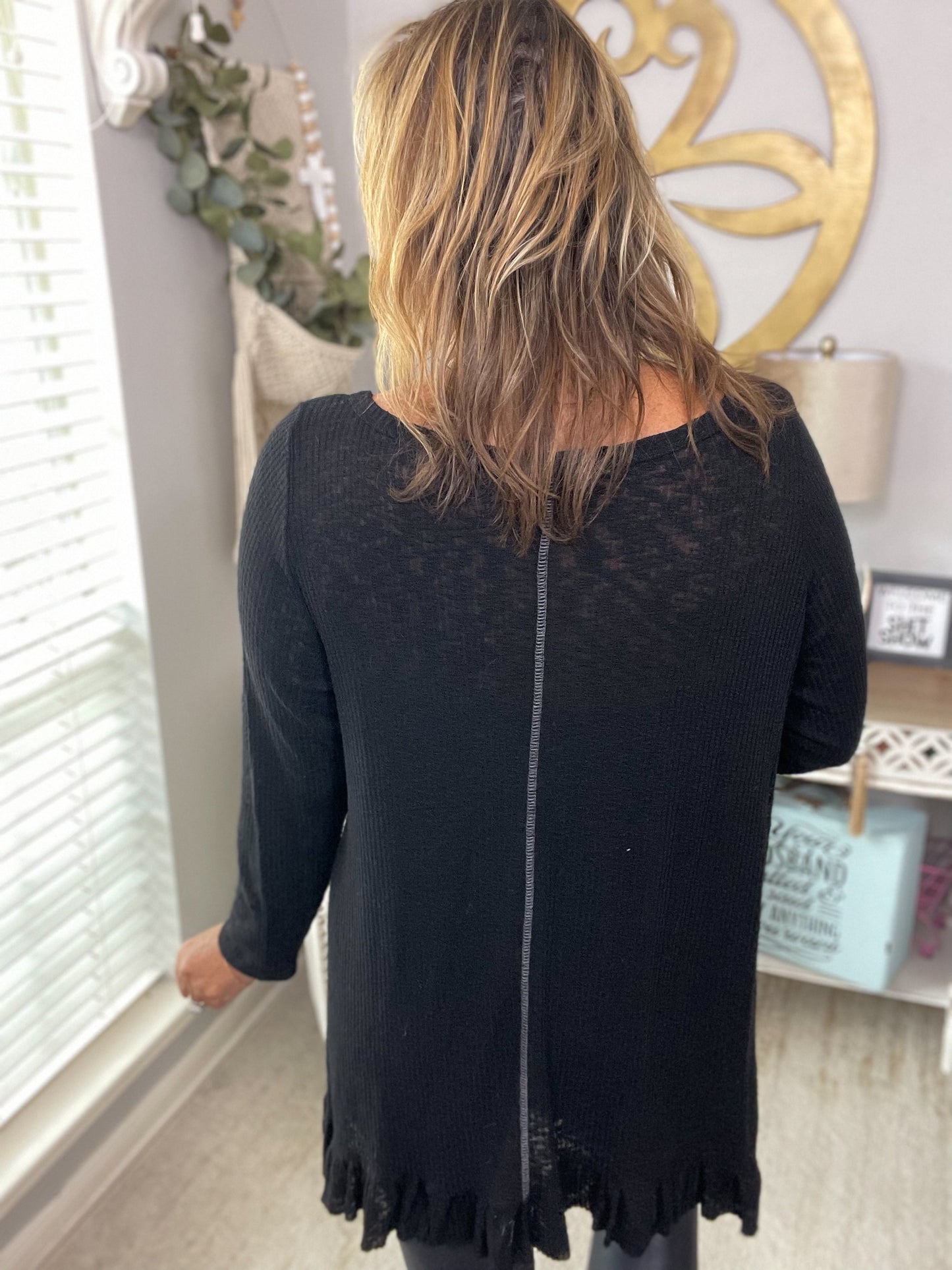 Black Long Sleeve Waffle Knit Top - Size XL