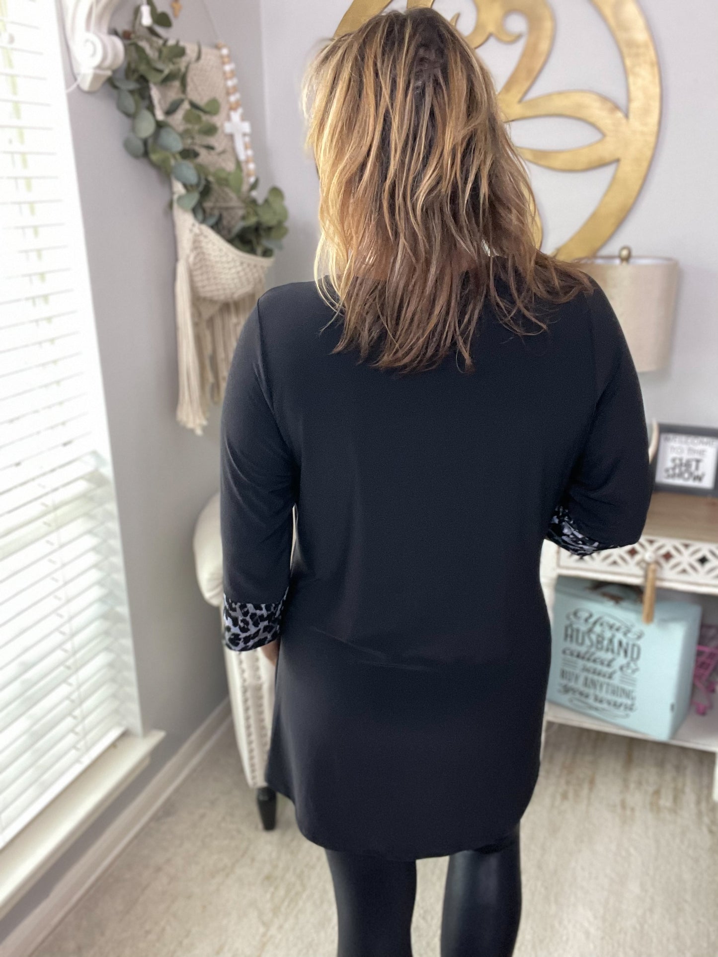 Black Tunic with Grey Leopard Trim - Size 3X