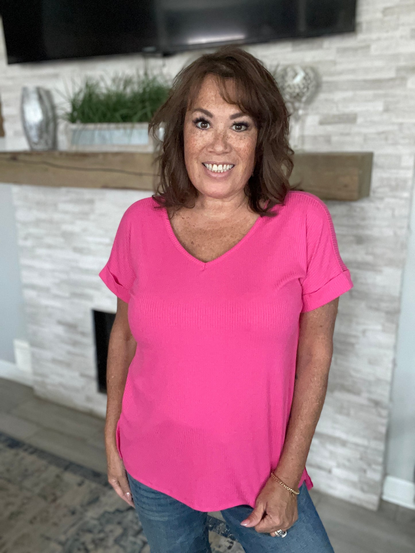 Pink V-Neck Ribbed Top - Size Med