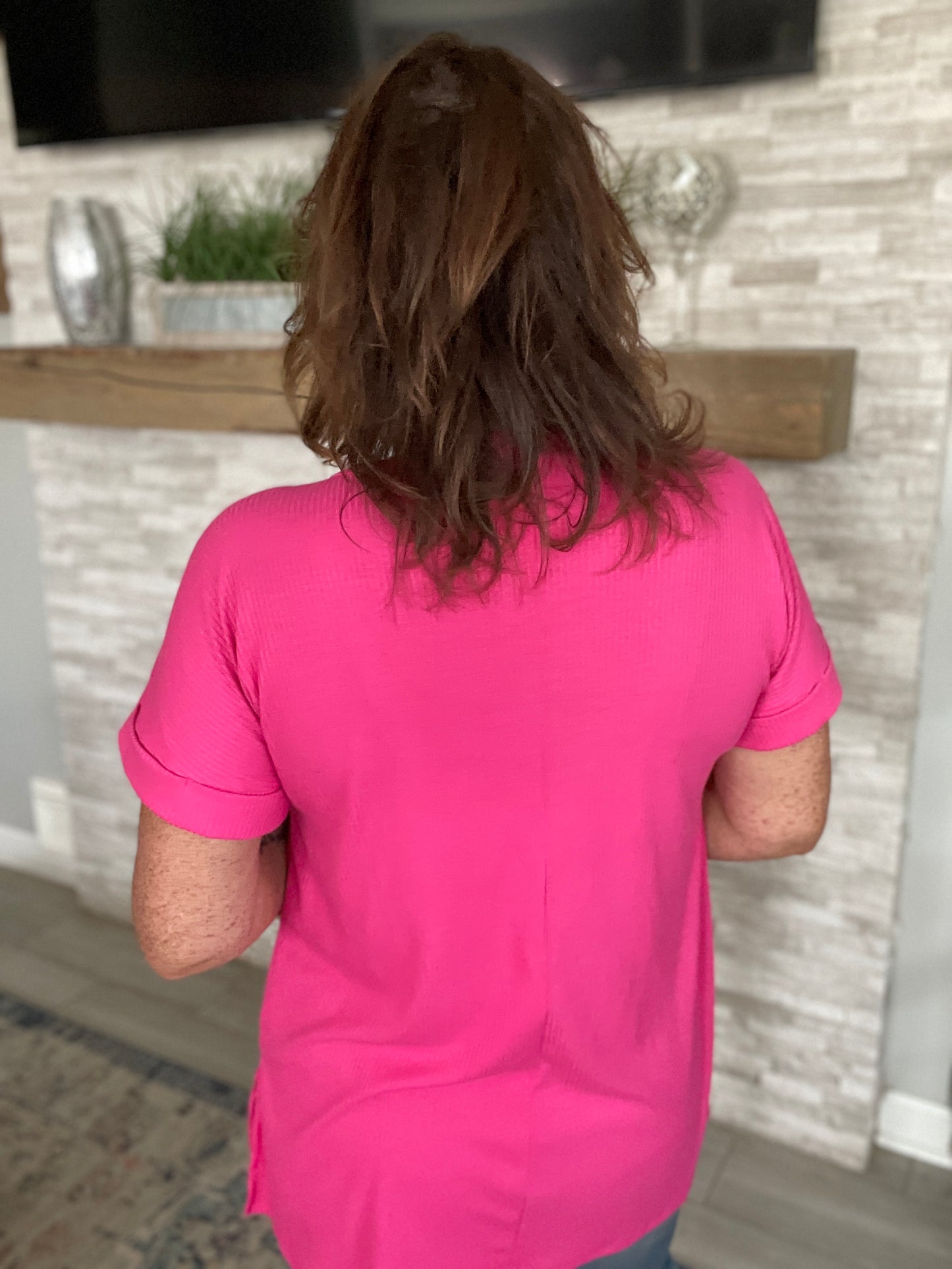 Pink V-Neck Ribbed Top - Size Med