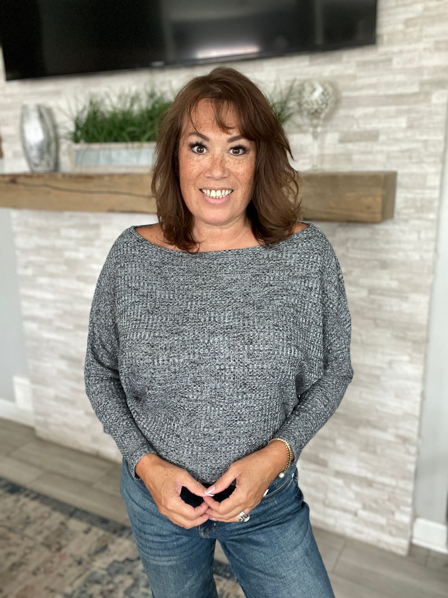 Boat Neck Grey Long Sleeve Top - Size Small