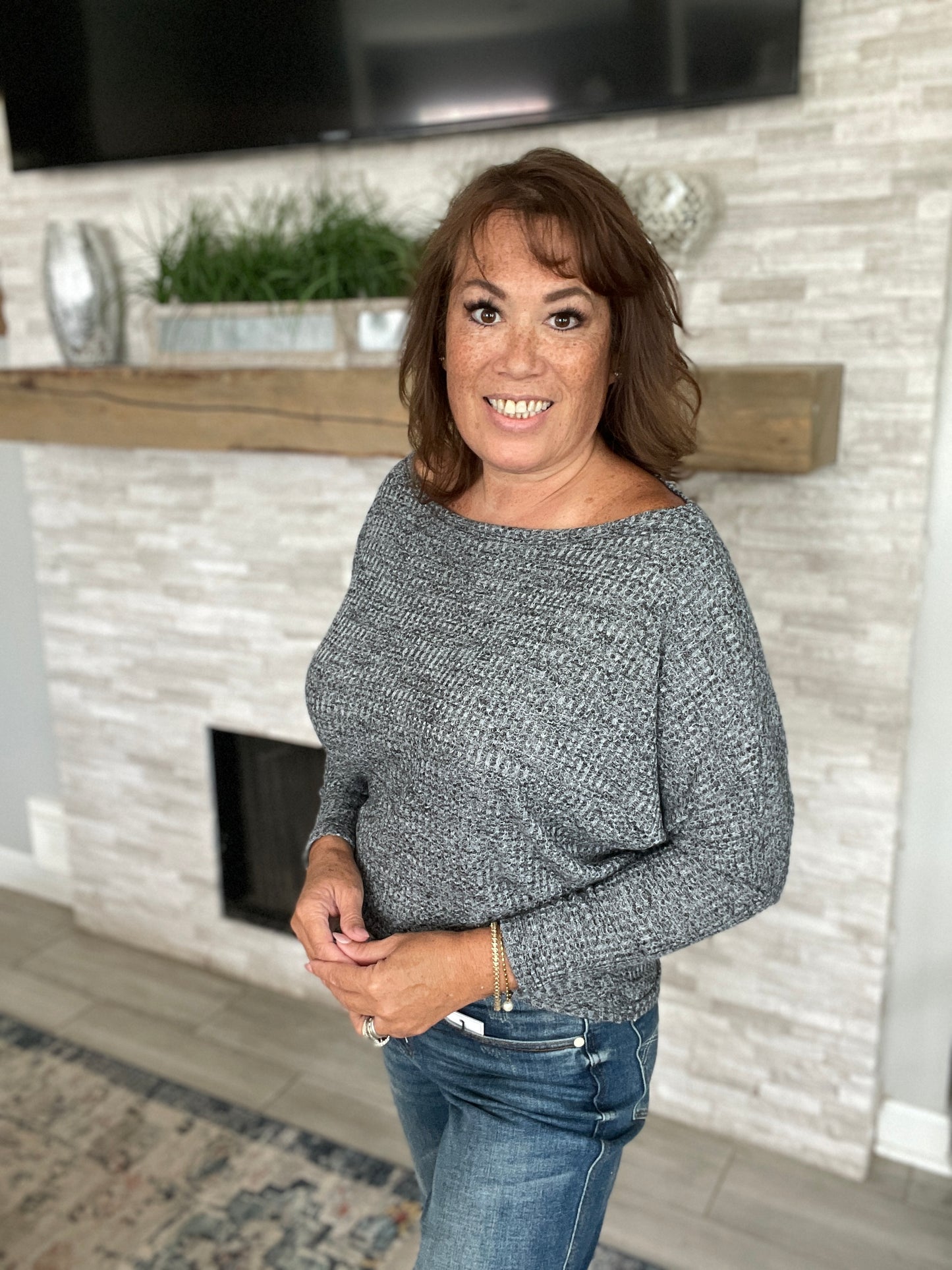 Boat Neck Grey Long Sleeve Top - Size Small