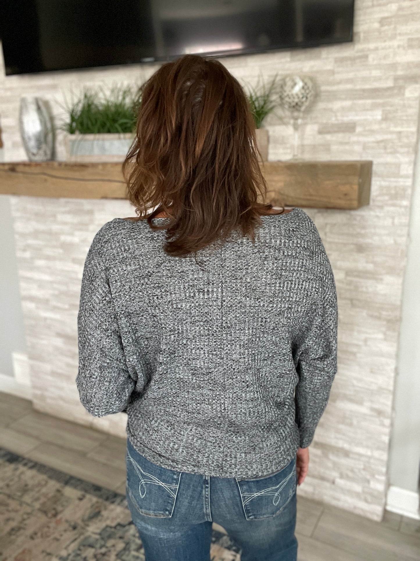 Boat Neck Grey Long Sleeve Top - Size Small