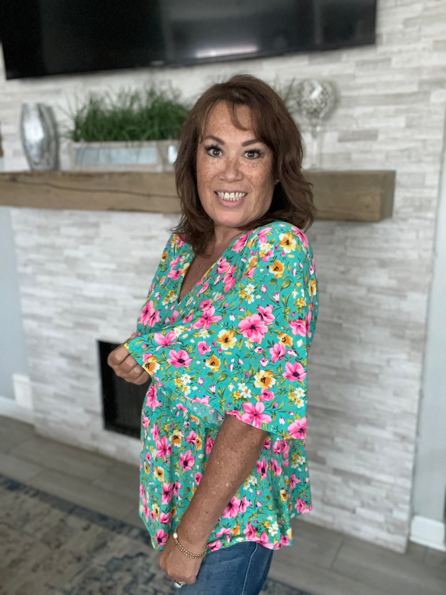 Mint/Fuchsia Floral Babydoll Top - Small