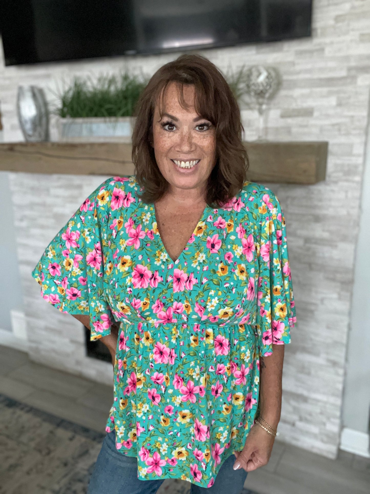 Mint/Fuchsia Floral Babydoll Top - Small