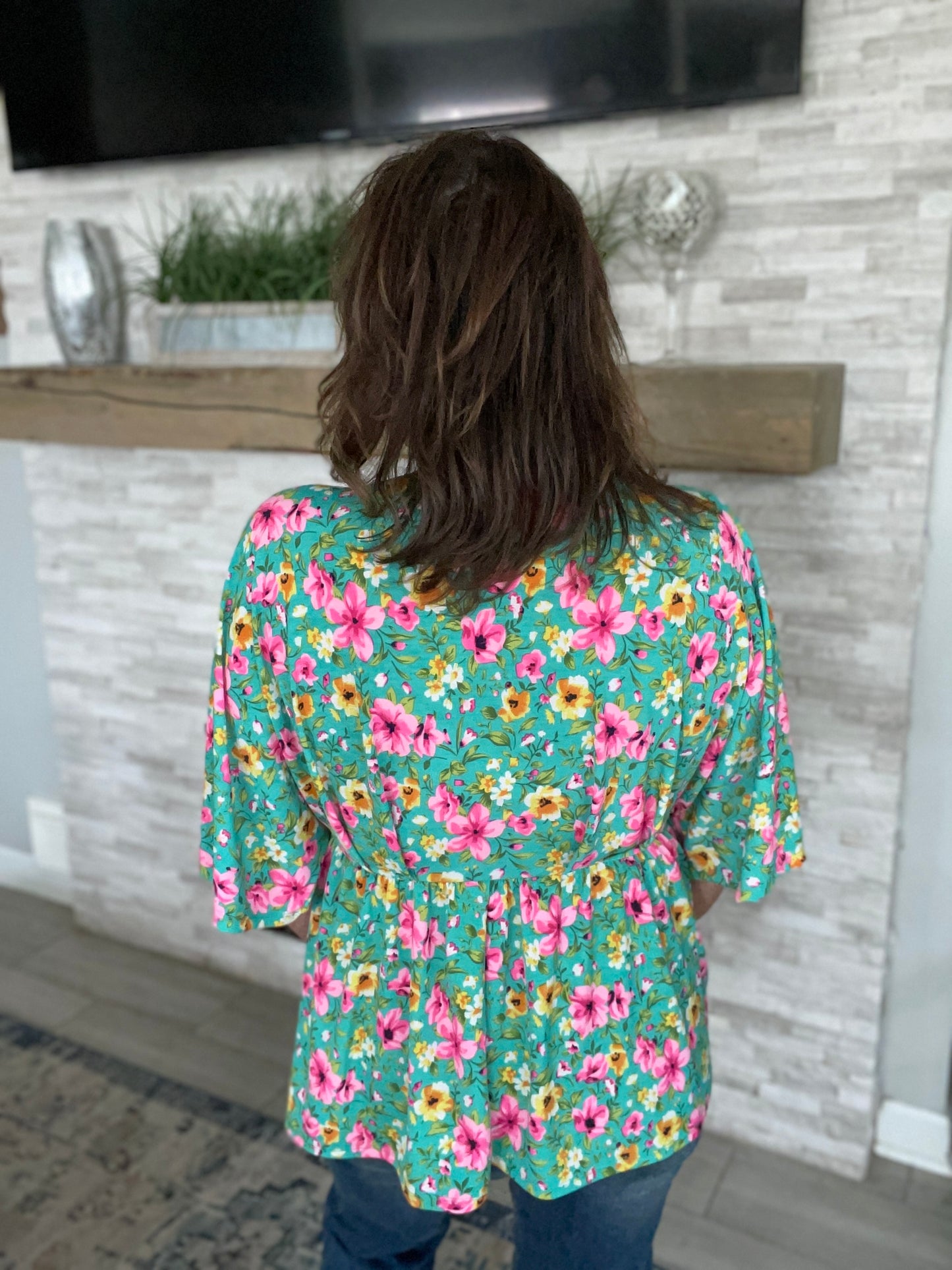 Mint/Fuchsia Floral Babydoll Top - Small