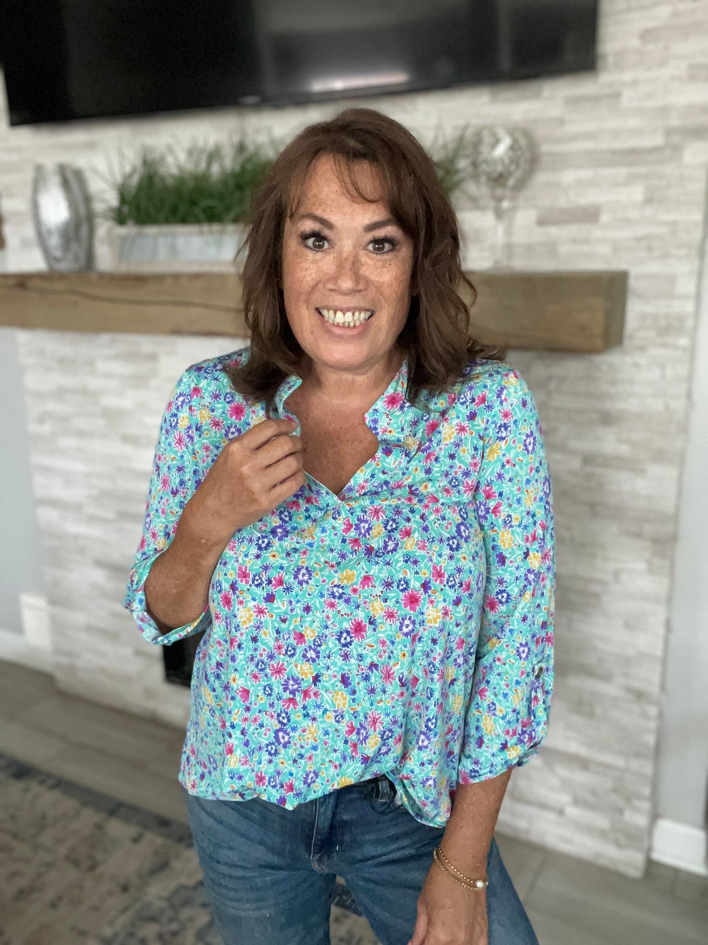 Mint/Purple Daisy Printed 3/4 Sleeve Top - Medium