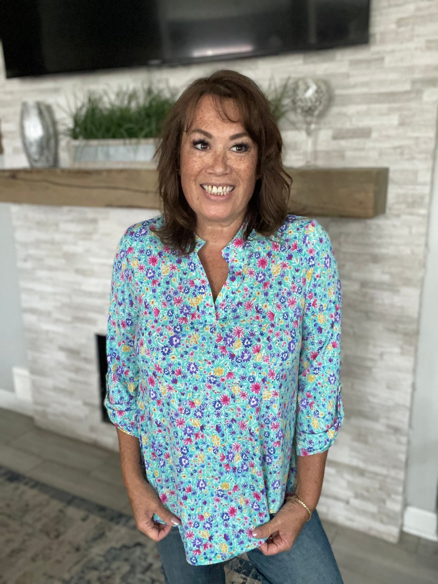 Mint/Purple Daisy Printed 3/4 Sleeve Top - Medium
