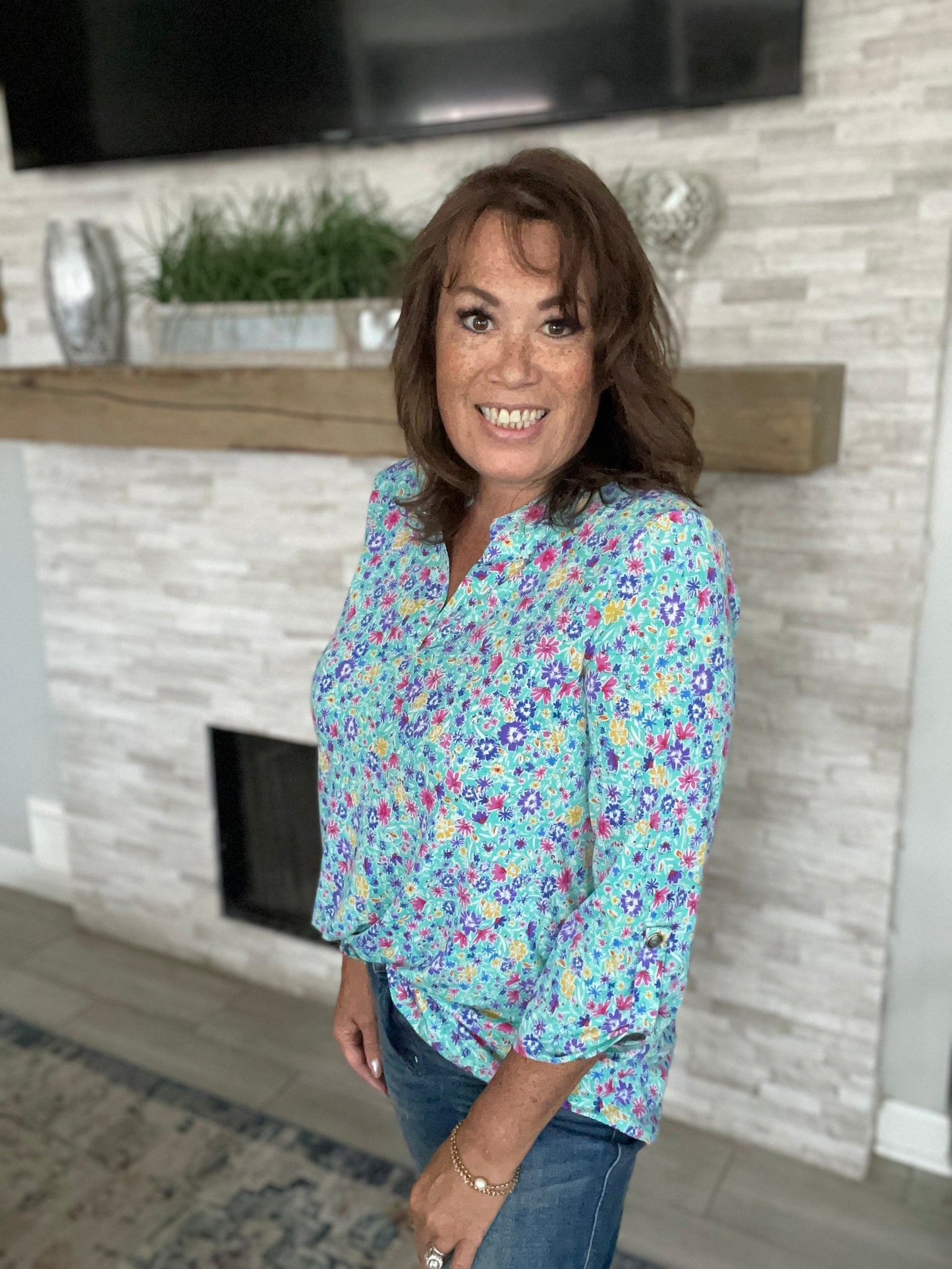 Mint/Purple Daisy Printed 3/4 Sleeve Top - Medium