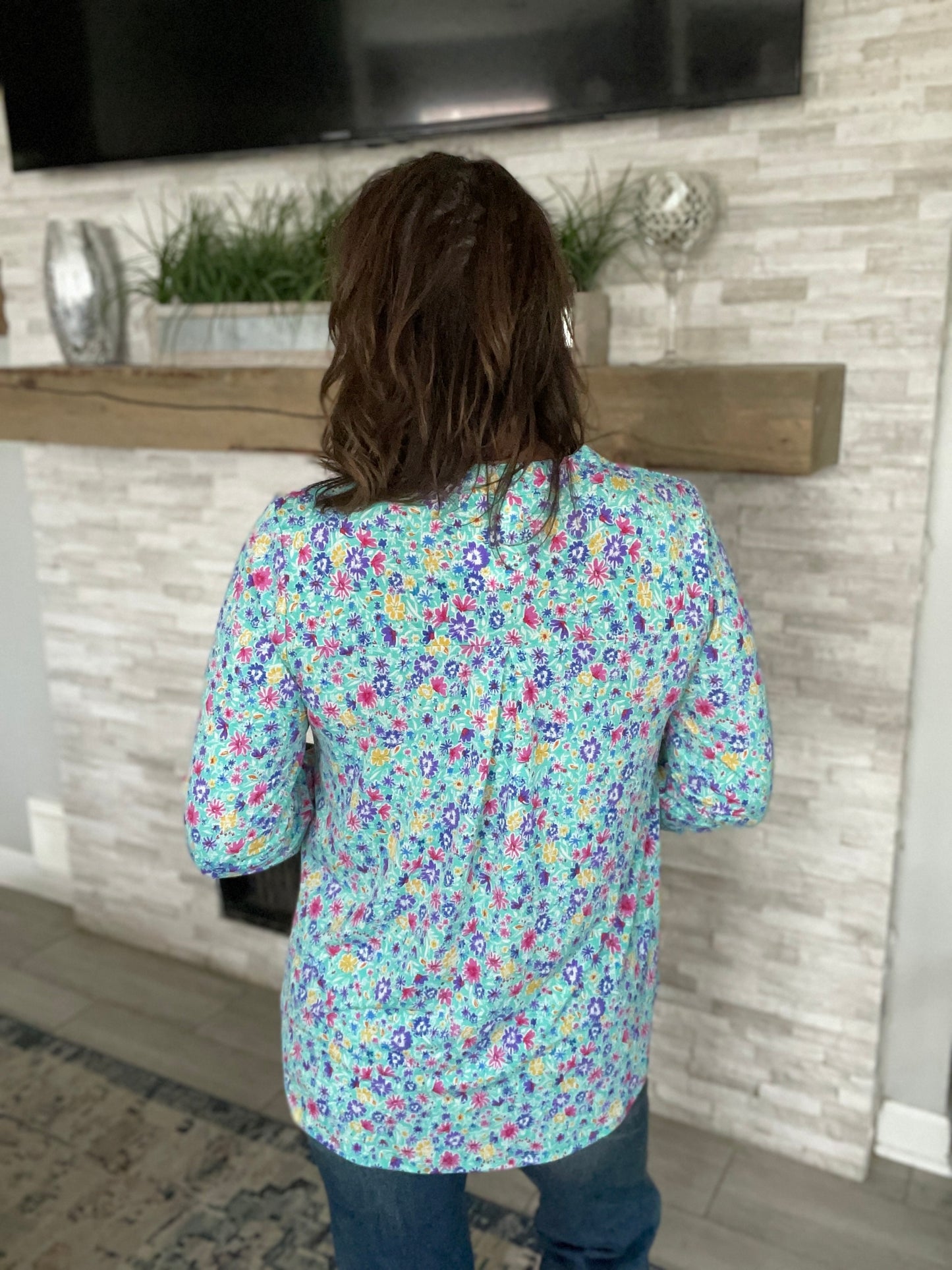 Mint/Purple Daisy Printed 3/4 Sleeve Top - Medium